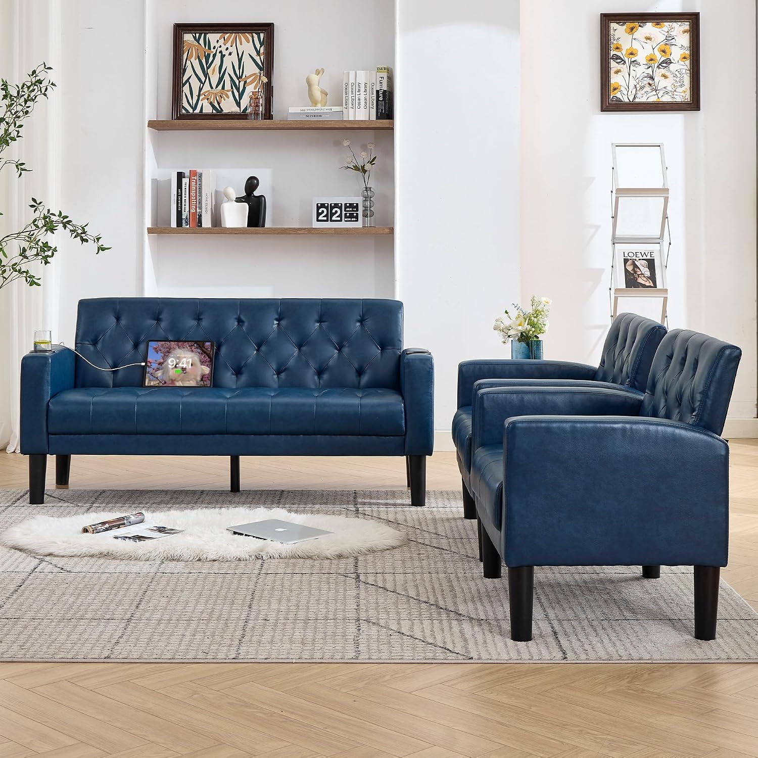 TYBOATLE 62' W Leather Loveseat w/Chairs, 3 Piece Sofa Sets for Living Room w/ 2 USB Charger Ports and 2 Cupholders, Living Room Furniture Sets of 3 (3, Blue)