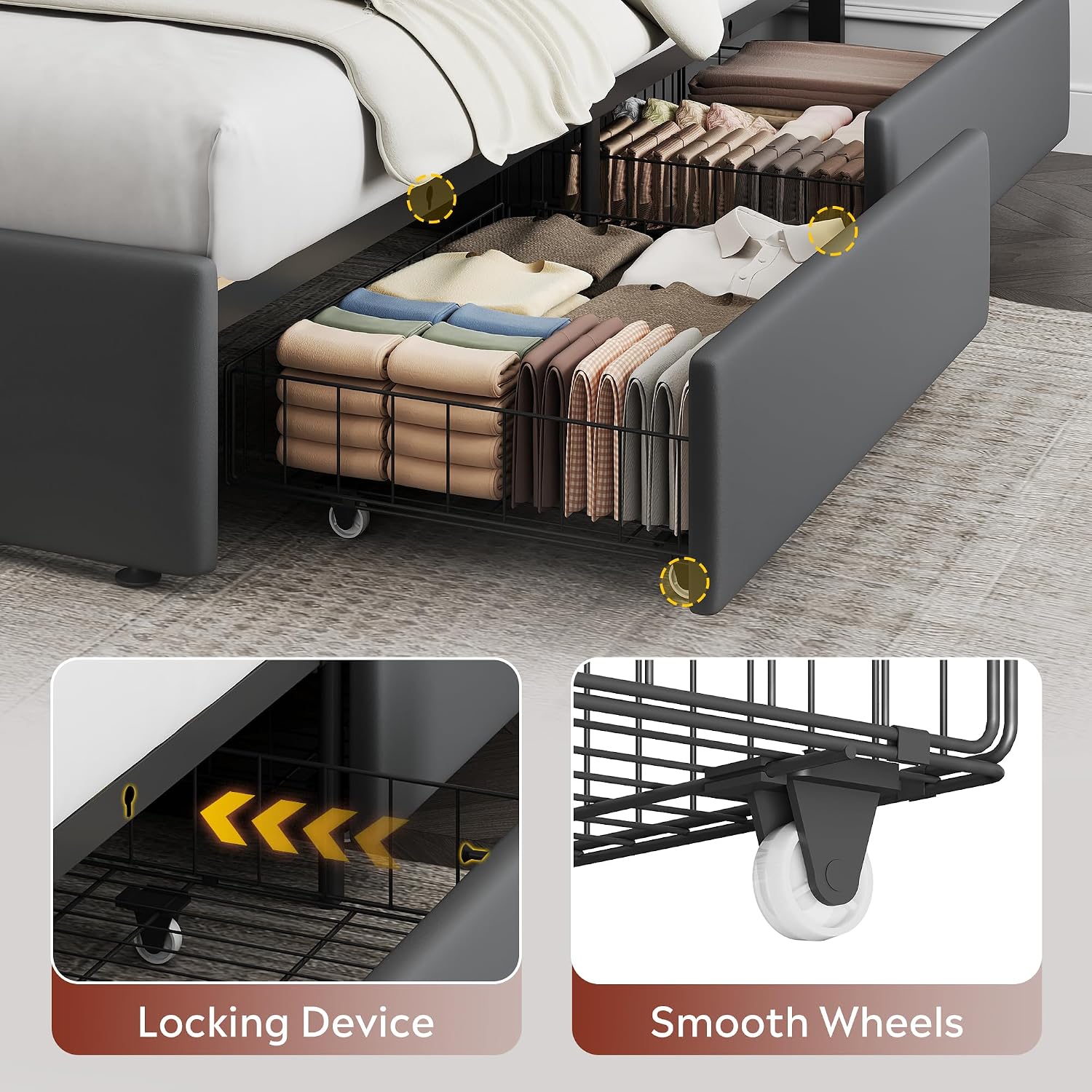 WLIVE King Size Upholstered Bed Frame with 4 Storage Drawers and Headboard, Velvet Platform Bedframe, Sturdy Metal & Wooden Slats Support, No Box Spring Needed, Easy Assembly, Dark Grey
