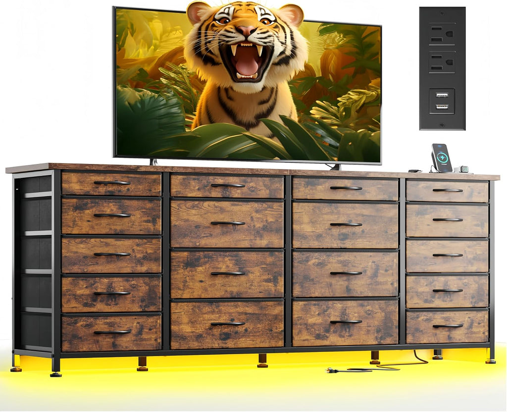 63'W TV Stand for Bedroom with LED Light & Power Outlets, Long Dresser with 18 Deep Drawers for 65 70 75 inch TV, Fabric Dresser TV Stands for Living Room Entryway Hallway Closet, Rustic Brown