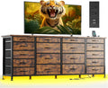 63'W TV Stand for Bedroom with LED Light & Power Outlets, Long Dresser with 18 Deep Drawers for 65 70 75 inch TV, Fabric Dresser TV Stands for Living Room Entryway Hallway Closet, Rustic Brown