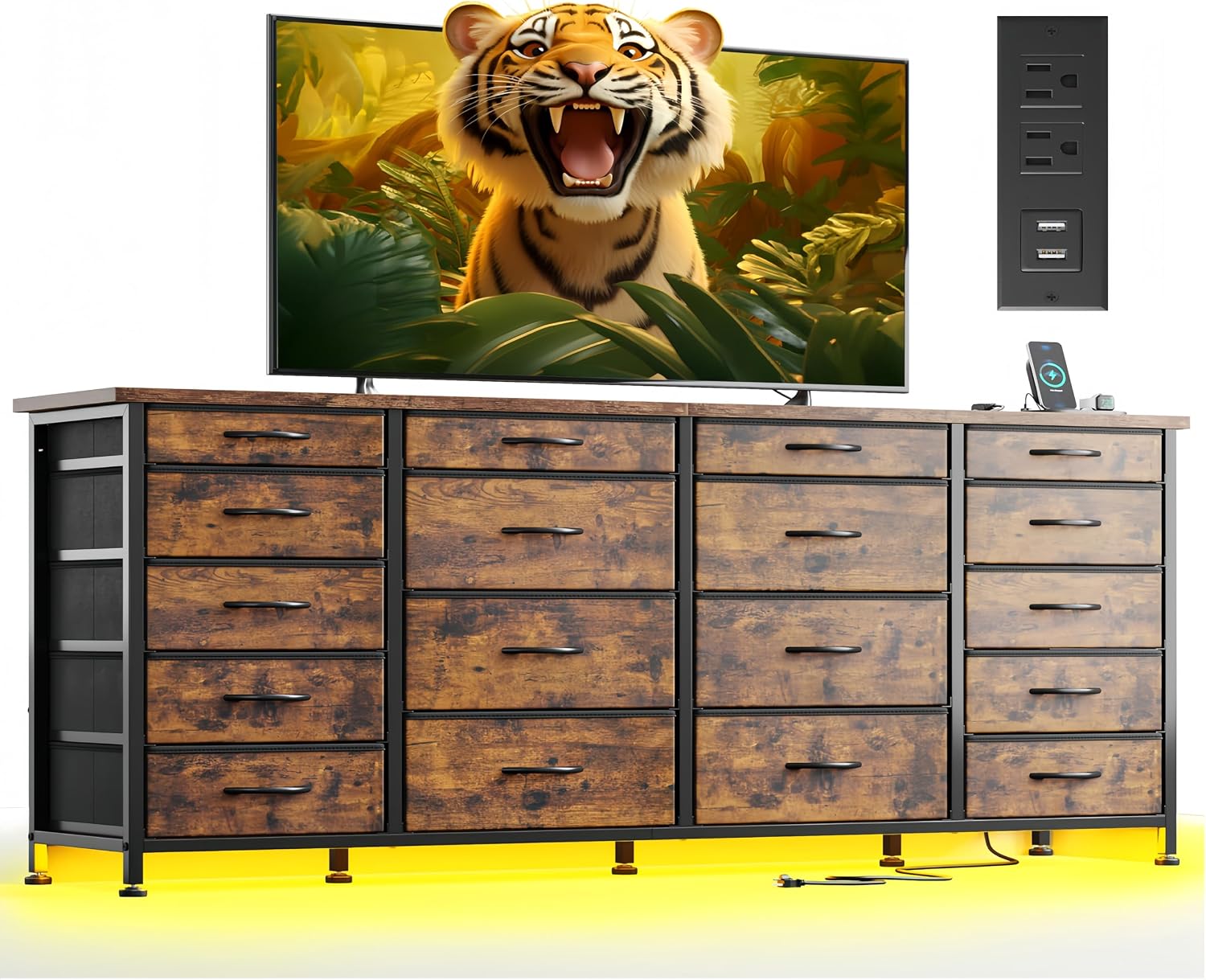 63'W TV Stand for Bedroom with LED Light & Power Outlets, Long Dresser with 18 Deep Drawers for 65 70 75 inch TV, Fabric Dresser TV Stands for Living Room Entryway Hallway Closet, Rustic Brown