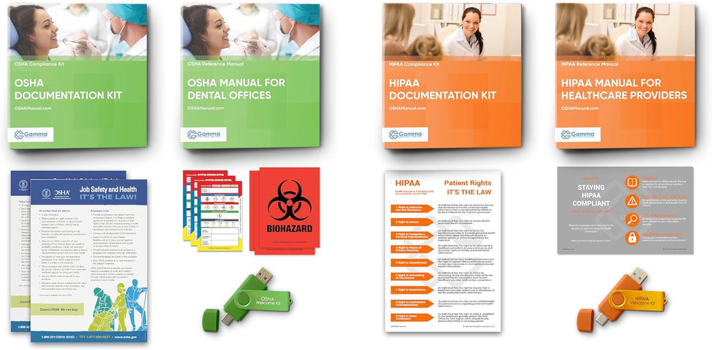 OSHA & HIPAA Package for Dental Offices: Hardcopy Manual (Regulations/Standards), Policies/Forms (USB), Training Outline/Test, Resource USB, Posters, Labels (All Other States)