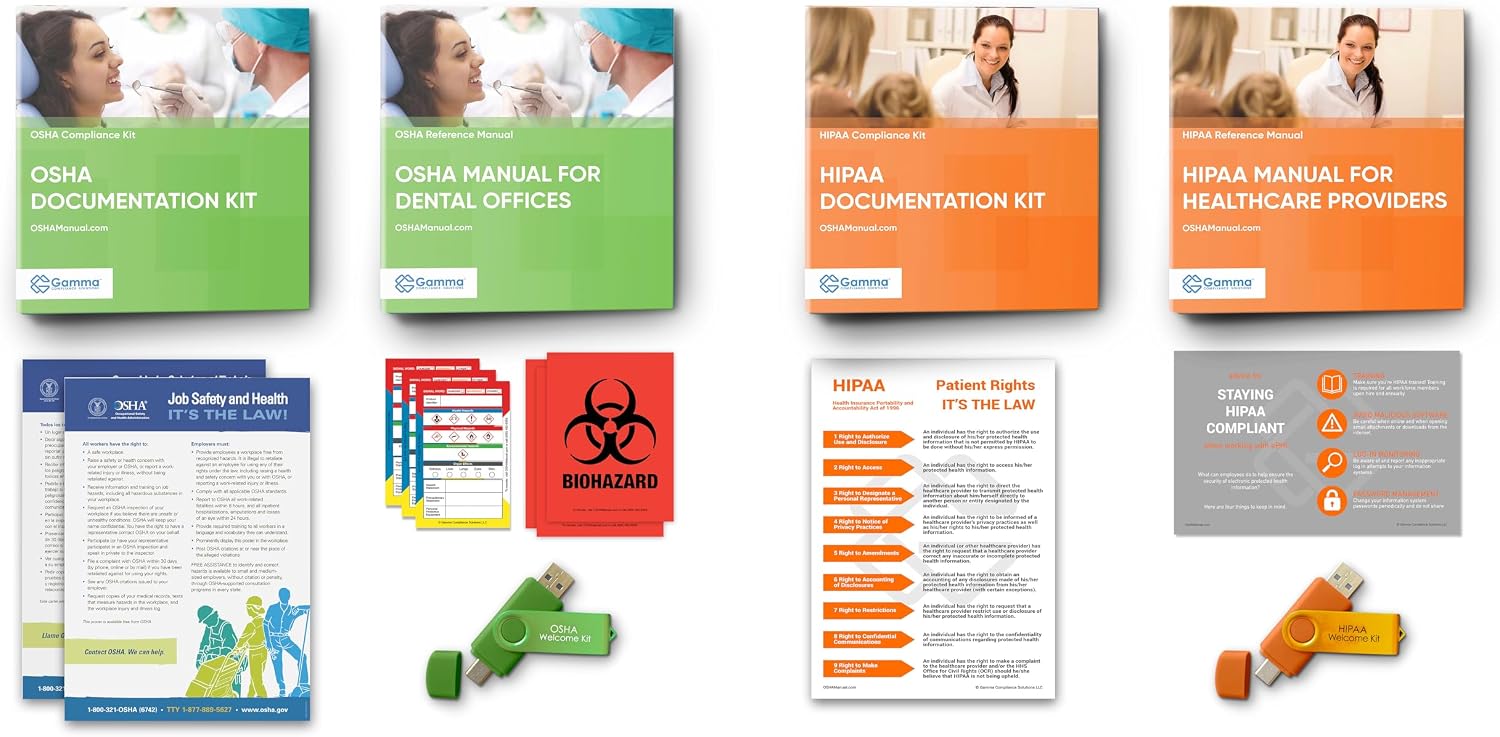 OSHA & HIPAA Package for Dental Offices: Hardcopy Manual (Regulations/Standards), Policies/Forms (USB), Training Outline/Test, Resource USB, Posters, Labels (All Other States)