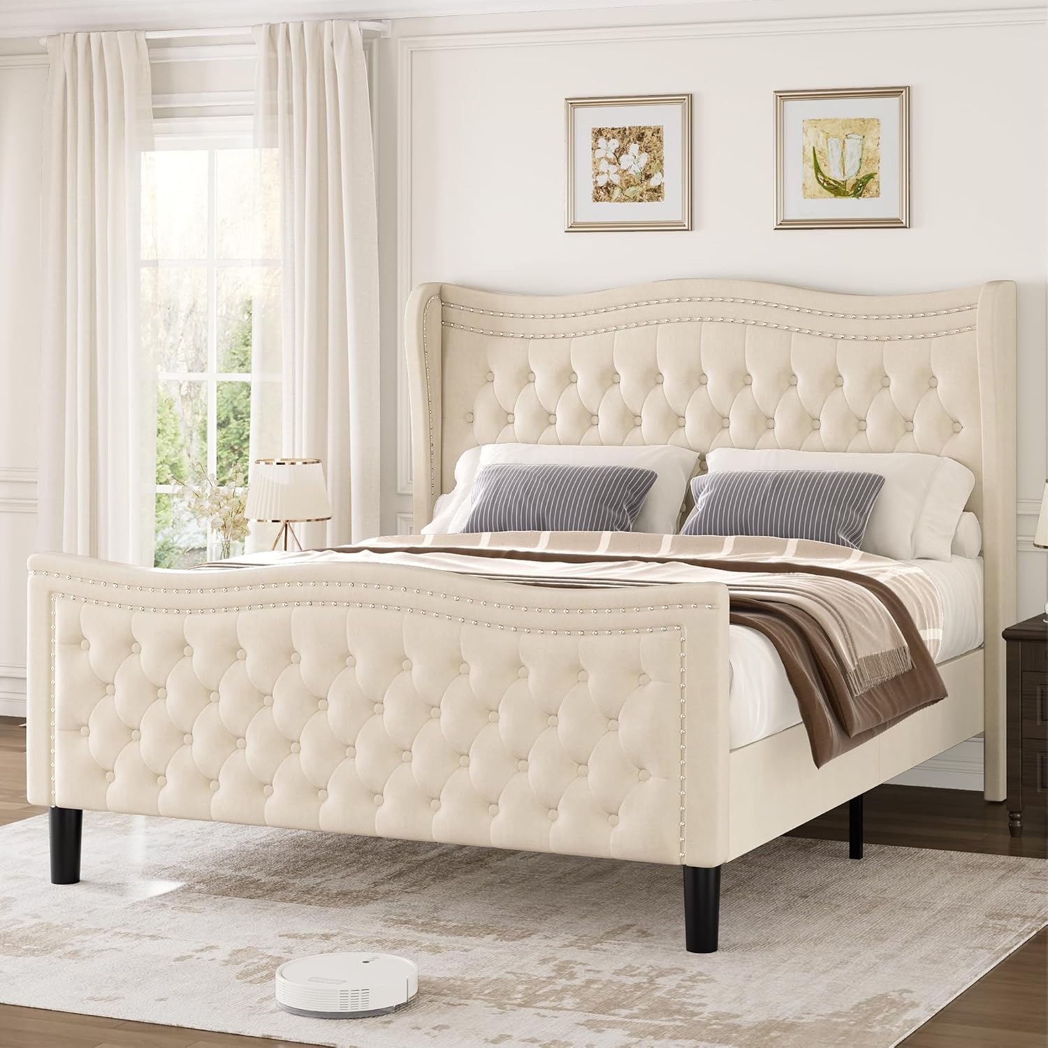 Full Bed Frame with Tall Headboard & Footboard, Velvet Upholstered Platform Bed Frame with Deep Button Tufted Wingback, No Box Spring Needed, Noise Free, Beige