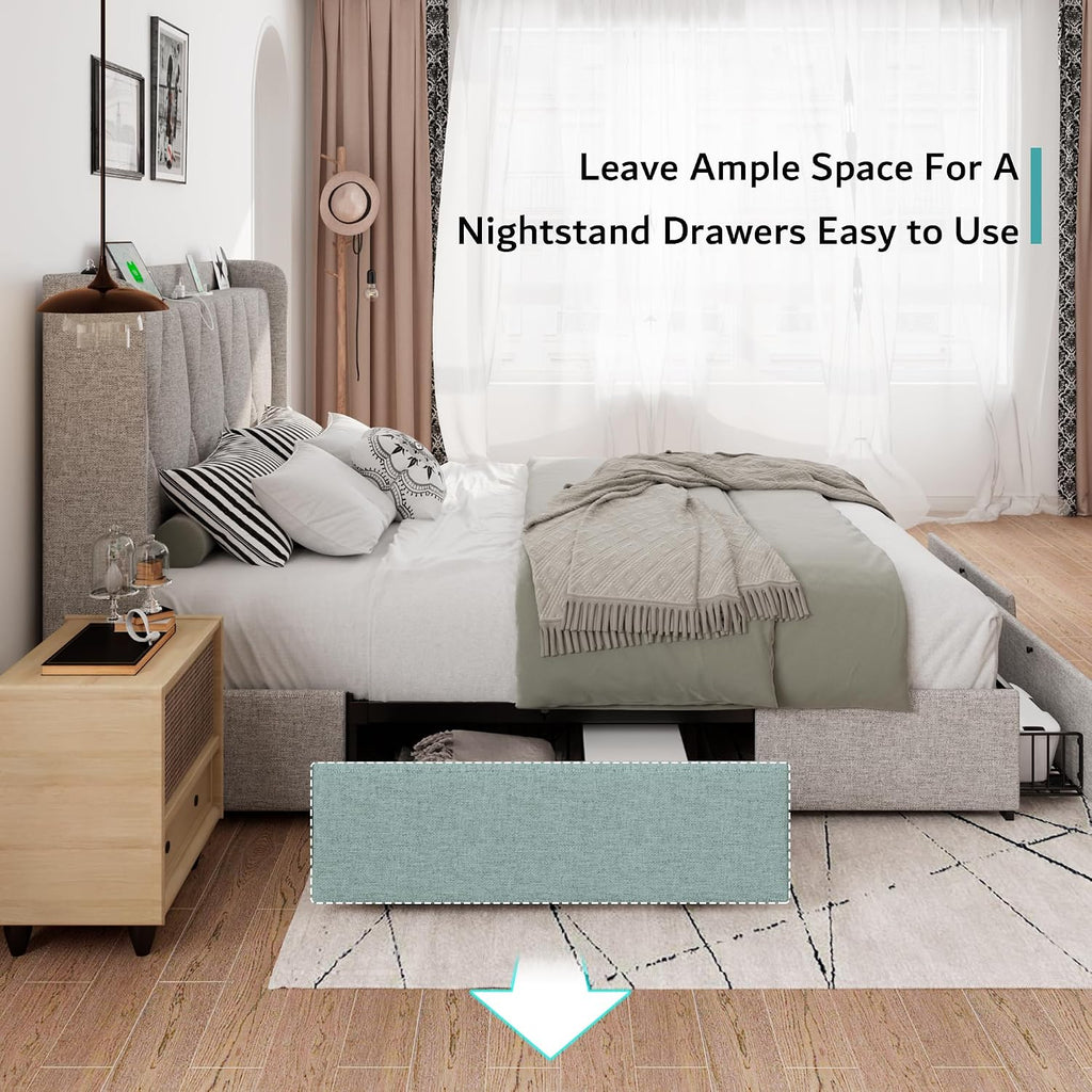 iPormis Full Size Bed Frame with 4 Storage Drawers, Upholstered Platform Bed Frame with Charging Station, Modern Wingback Storage Headboard, Easy Assembly, Light Grey