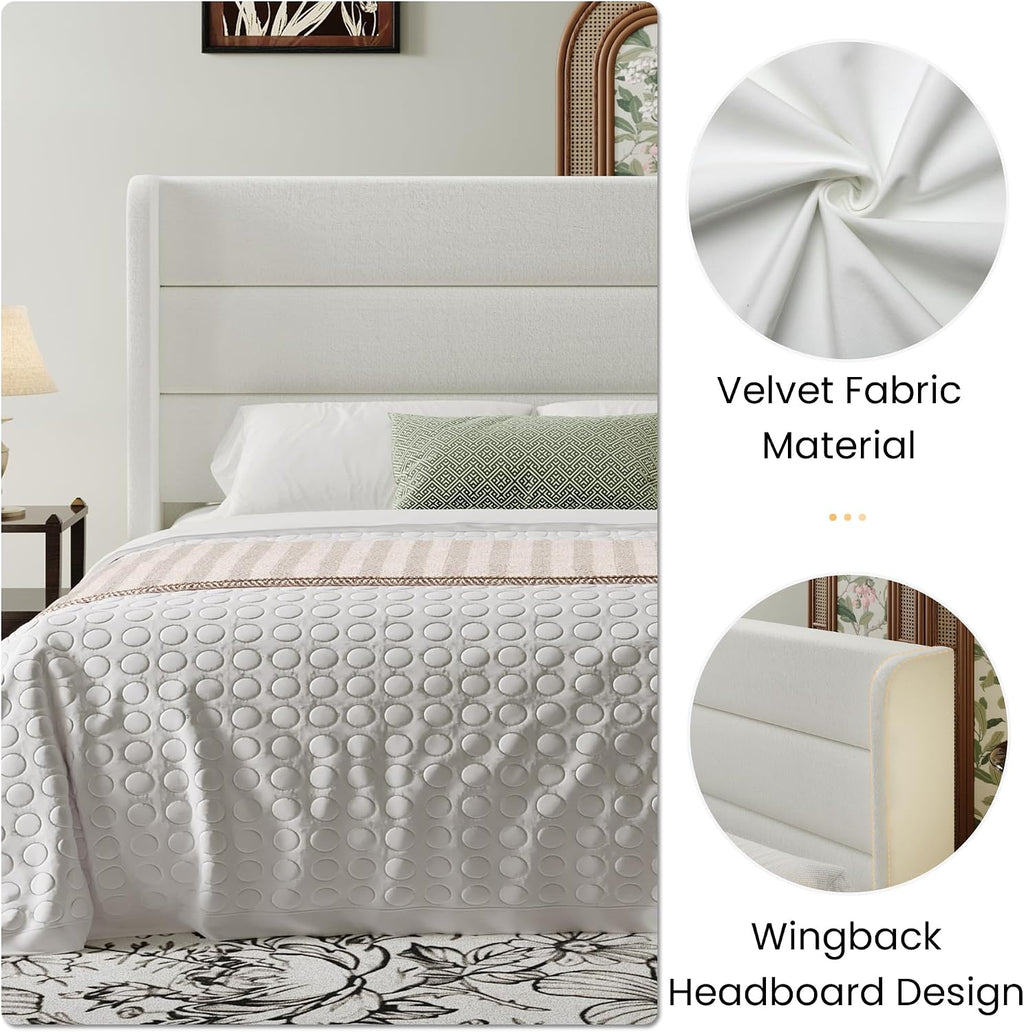 SHA CERLIN Full Size Velvet Bed Frame with Wingback Headboard/Upholstered Platform Bed with Wooden Slats/Mattress Foundation/No Box Spring Needed/Easy Assembly/White