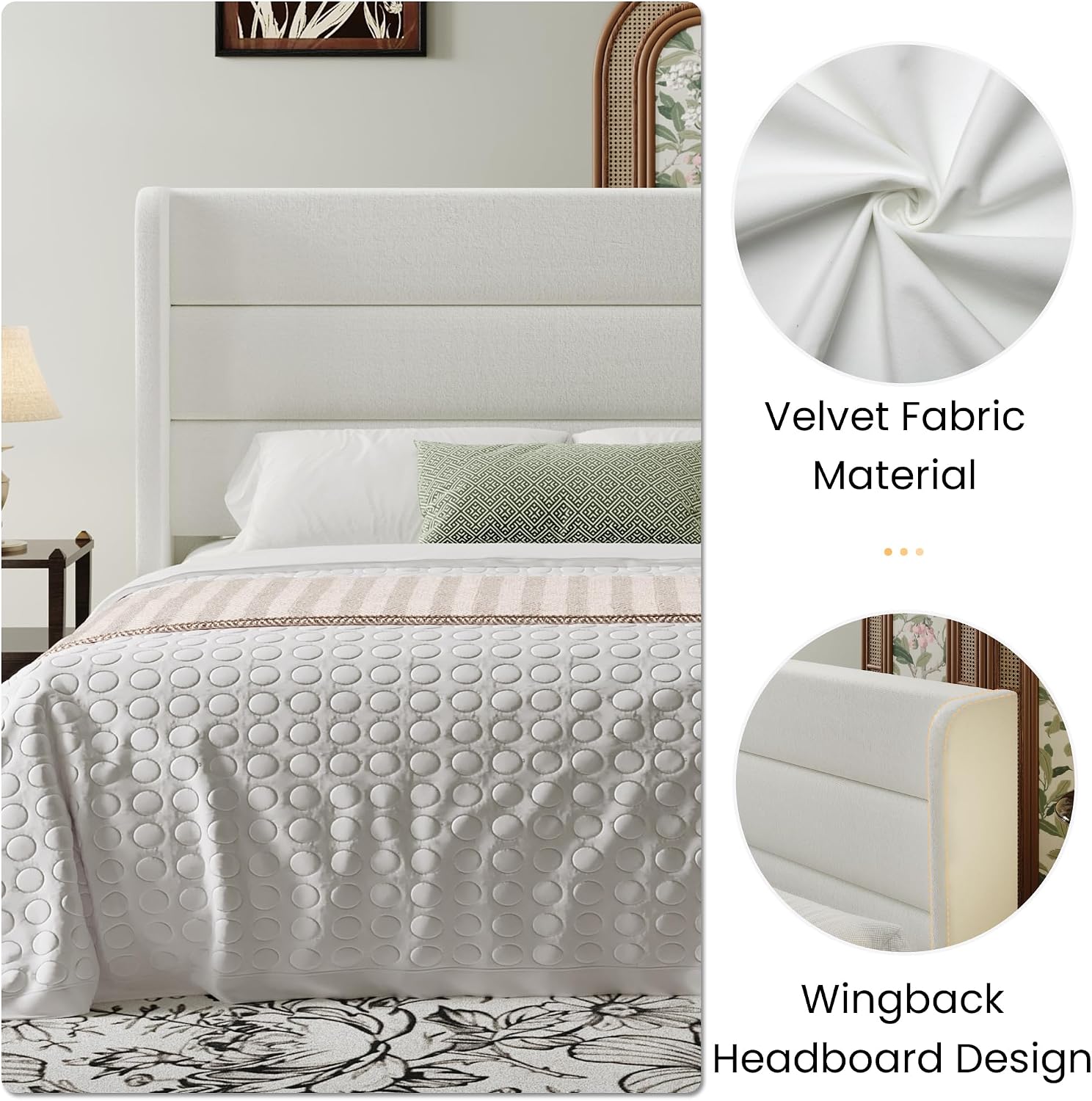 SHA CERLIN Full Size Velvet Bed Frame with Wingback Headboard/Upholstered Platform Bed with Wooden Slats/Mattress Foundation/No Box Spring Needed/Easy Assembly/White