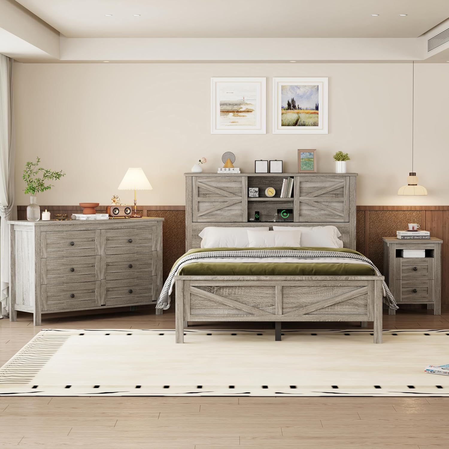 LUMISOL 3-Pieces Farmhouse Bedroom Sets, Full Size Platform Bed with Storage Headboard, Charging Stations, Storage Nightstand and Dresser, 3 Piece Bedroom Furniture Set Full Size, Gray