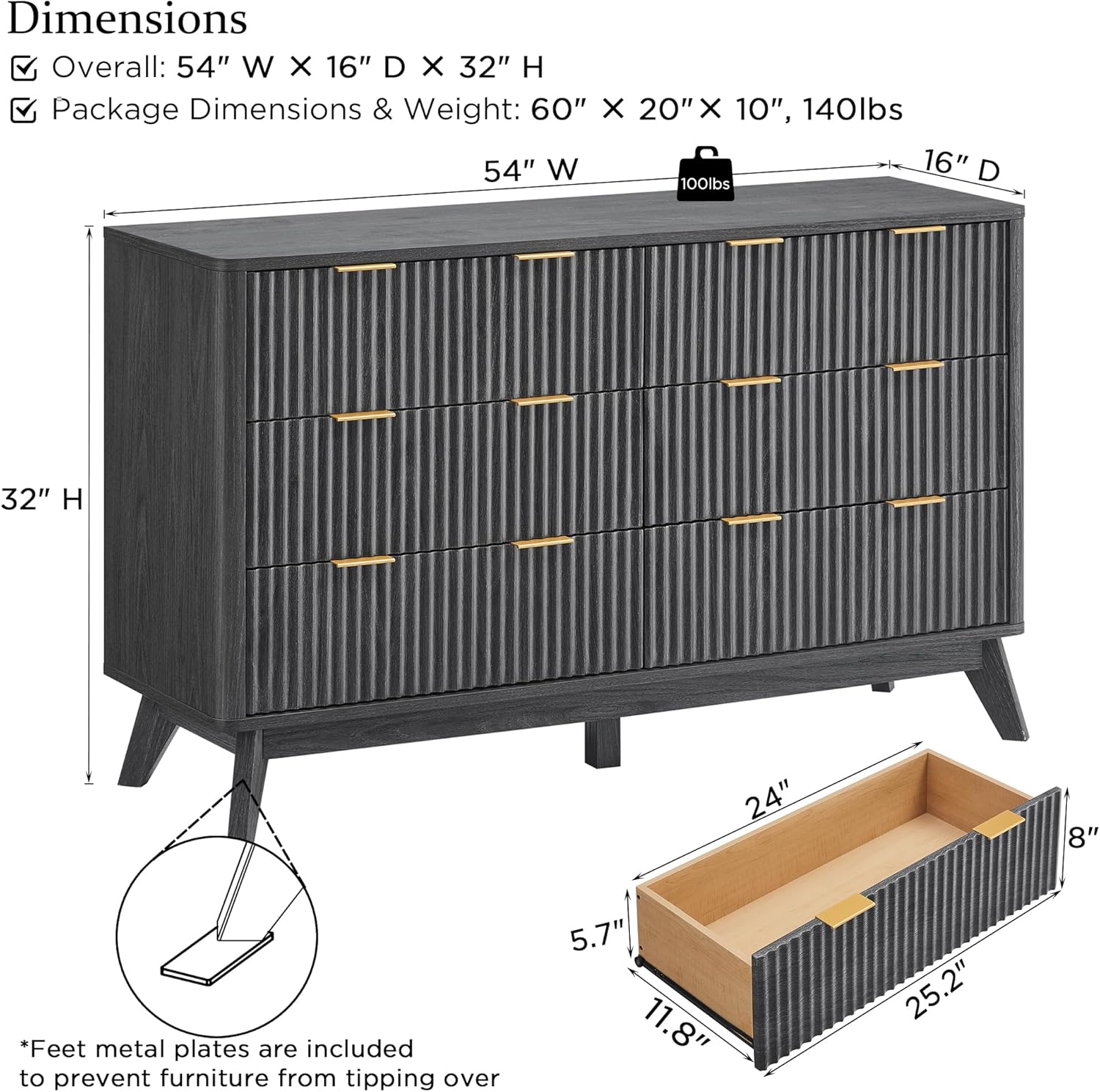 T4TREAM Fluted 6 Drawers Dresser, 54' Wide Modern Chest of Drawers, Curved Profile Design, Dresser TV Stand, Wood Drawer Organizer for Bedroom, Living Room, Hallway, Dark Alder