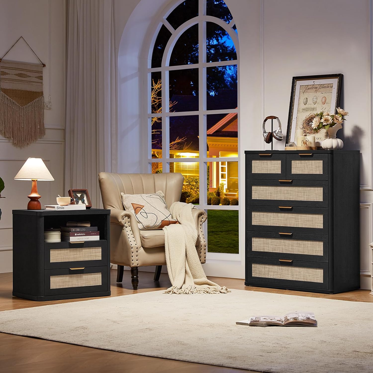 LEYAOYAO Rattan Dresser for Bedroom Set of 2, 42' Tall Chest of Drawers, Modern 6 Drawers Boho Dressers with Storage, Light Oak Dresser Wooden Closet Organizer for Living Room, Hallway, Black