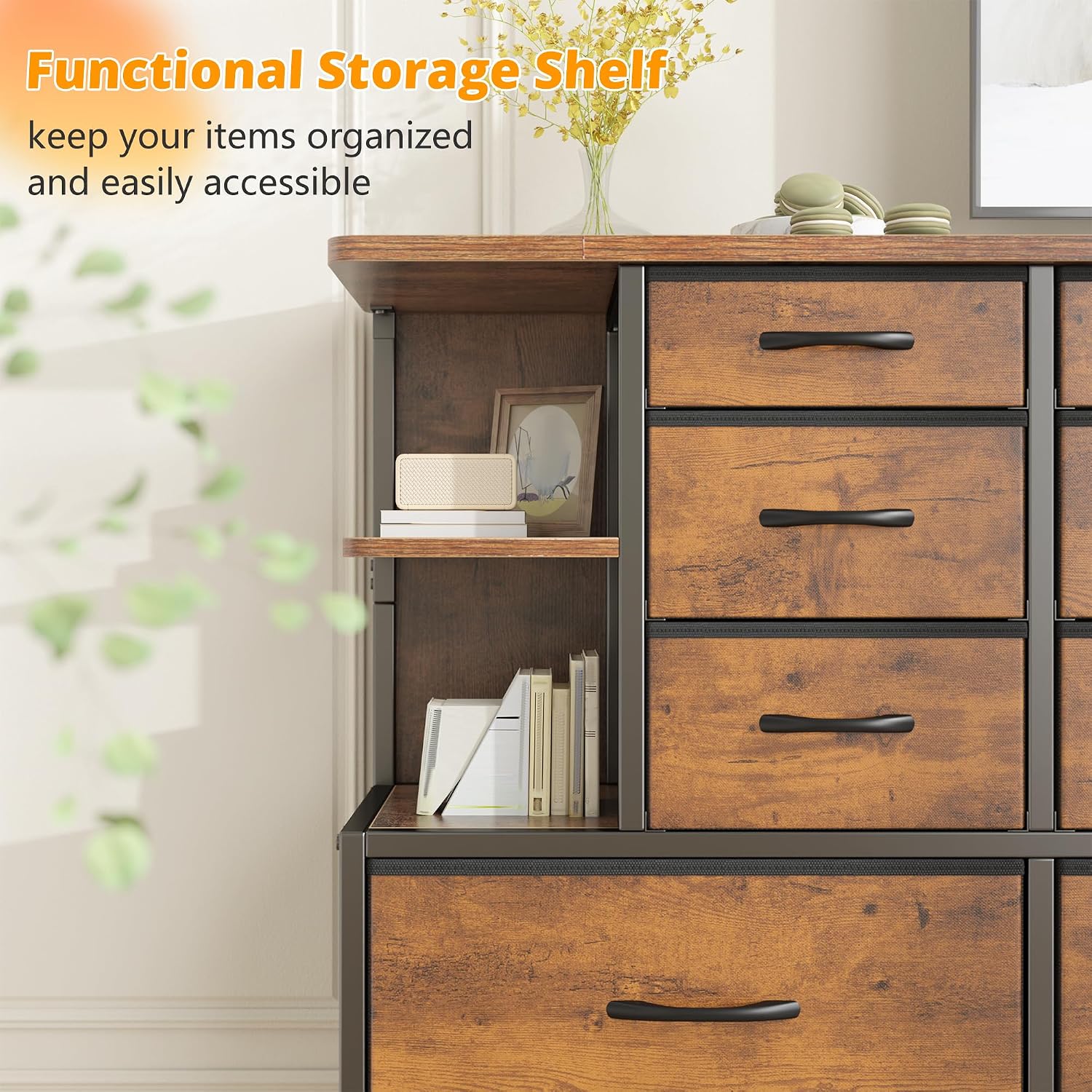 Dresser for Bedroom with 12 Drawers & LED Lights,4 Open Storage Shelves, Fabric Dressers & Chests of Drawers for Living Room, Entryway, Dorm, Wood Top,45.2' H x 35.4' W x 11.8' D, Rustic Brown