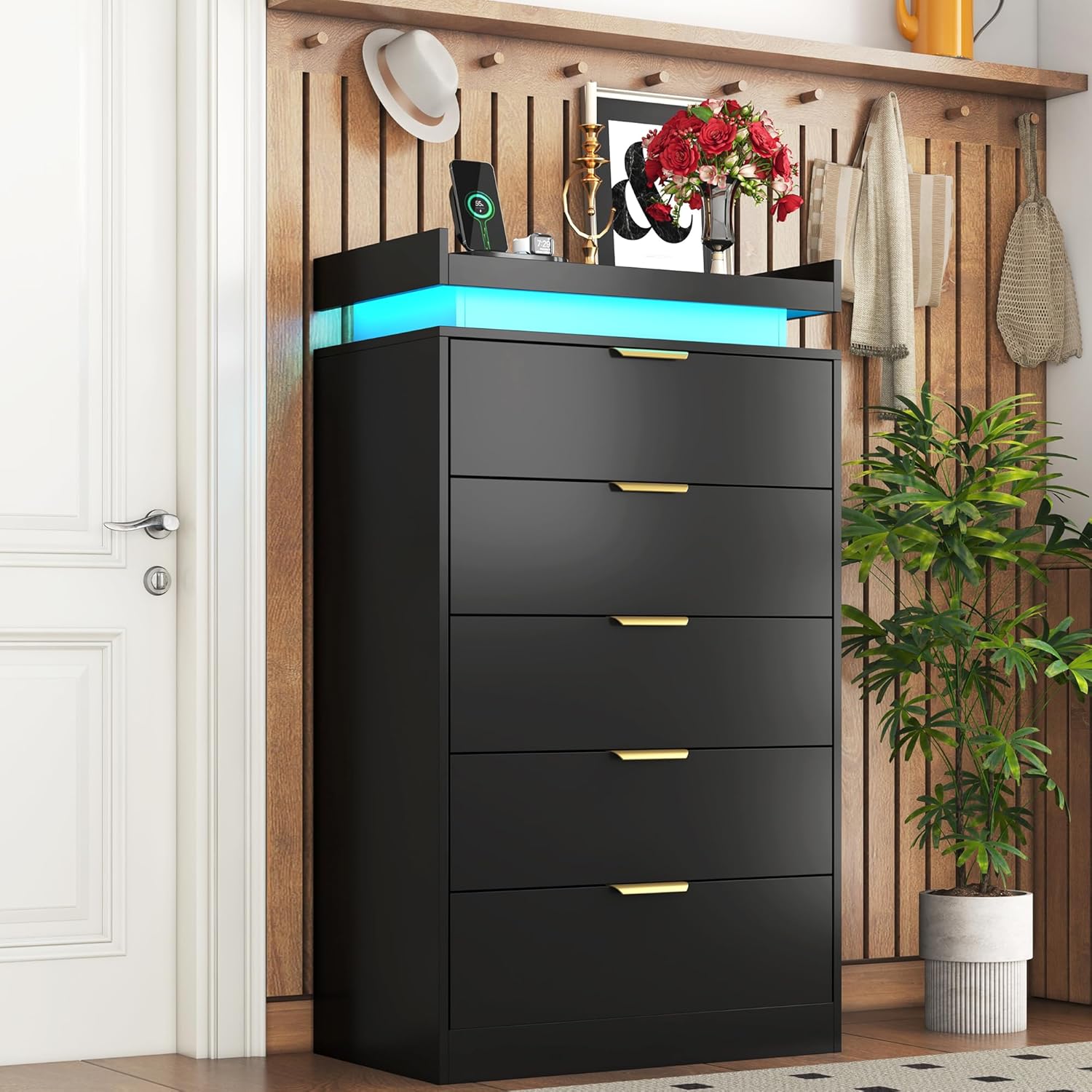 knoworld Tall Dresser for Bedroom, Black Dresser with LED Lights, Wood 5 Drawer Chest with Power Outlet, Modern Chest of Drawers for Bedroom, Living Room, Entryway, Hallway