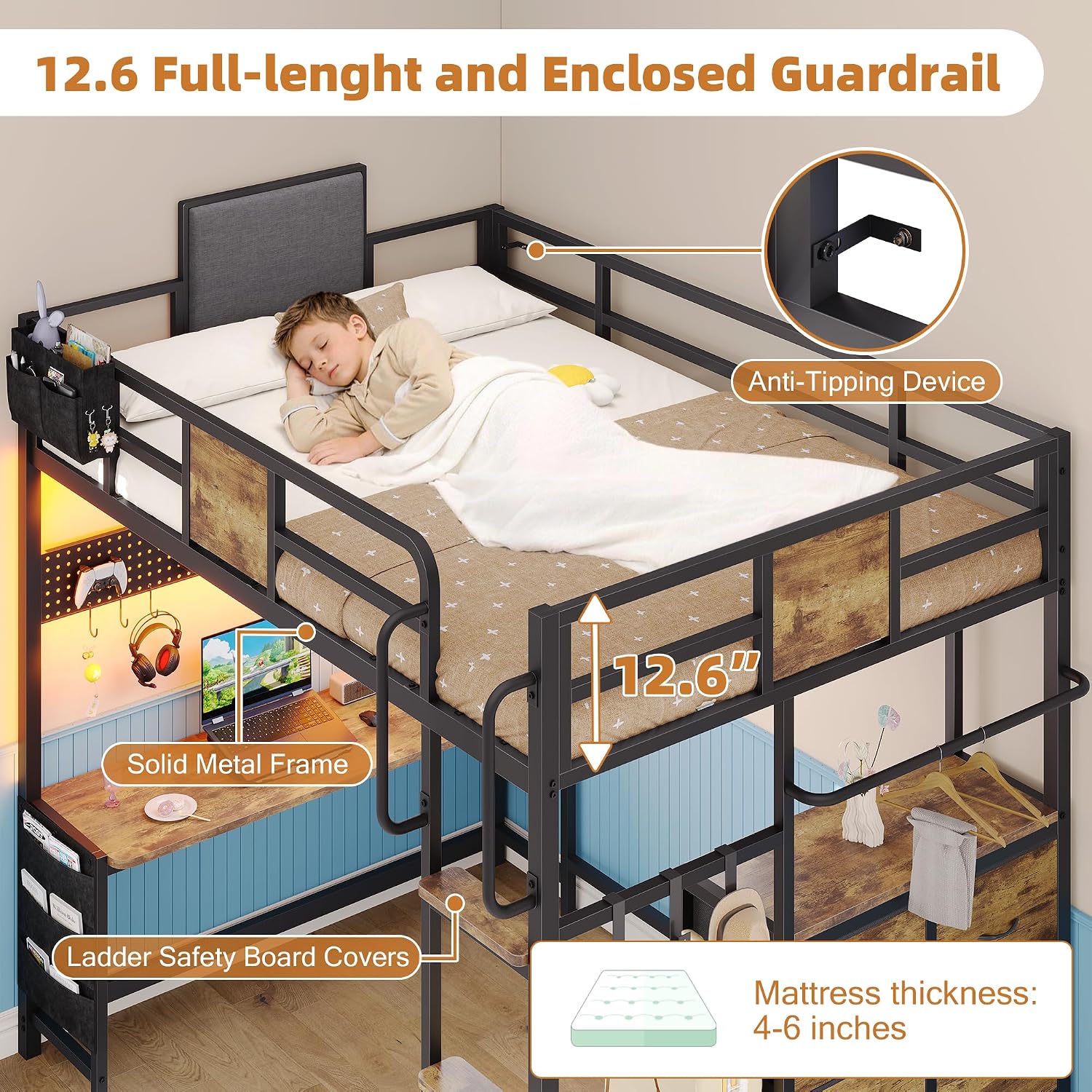 Dnxao Twin Loft Bed with Desk, Twin Bed Frame with 6 Storage Drawers, 2 Bedside Organizer,3 Movable Hooks,LED Lights & Charging Station,Bunk Bed with Desk, Clothes Rack,Safety Guardrail,Rustic Brown