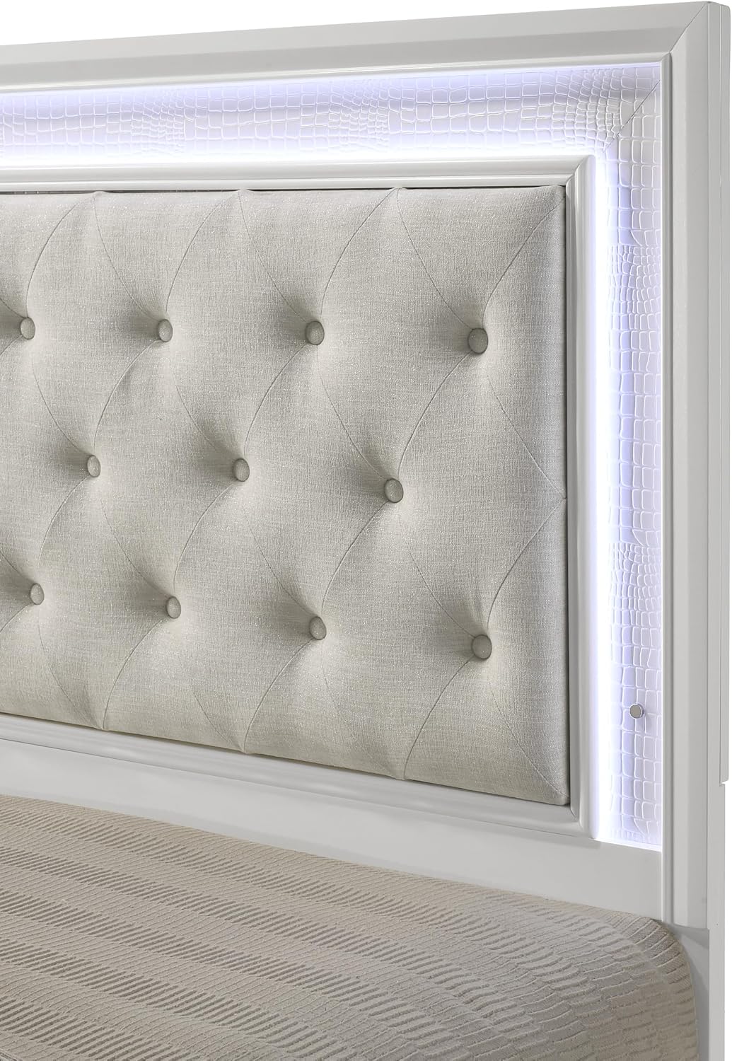 Modern Crisp White Textured Finish Tufted Headboard Integrated LED Lighting Full Size 3pc Bed Set Bedroom Furniture