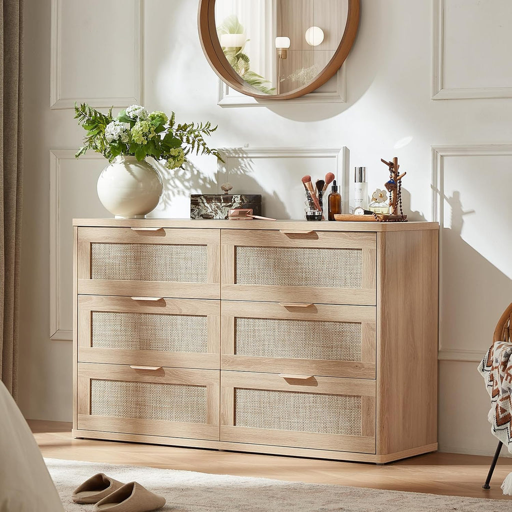 LEYAOYAO Rattan Dresser and Nightstand Set of 2, Boho Wood Dresser for Bedroom with 6 Drawers and Night Stand with Charging Station, Bedroom Furniture, Dressers & Chests of Drawers,Living Room,Hallway