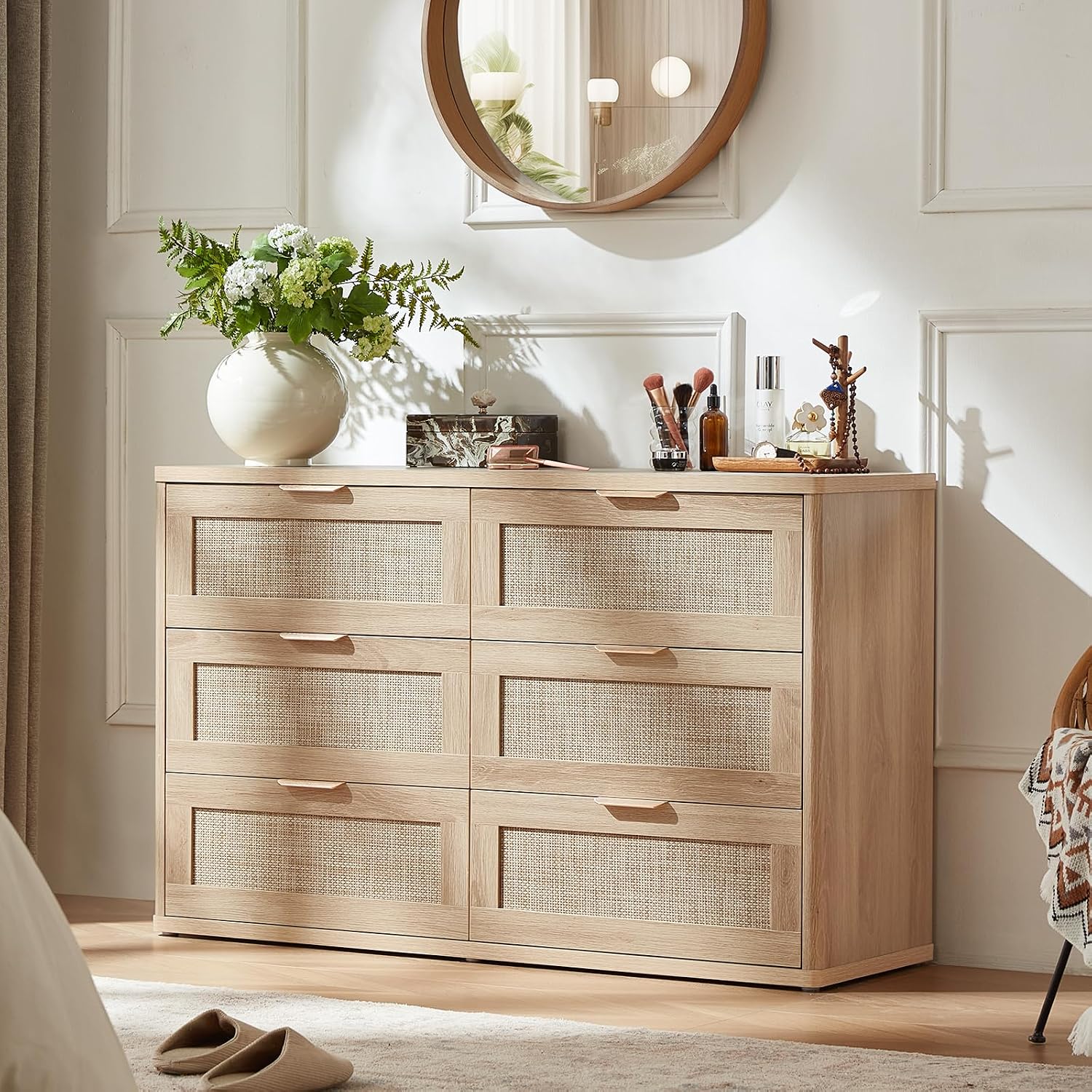 LEYAOYAO Rattan Dresser and Nightstand Set of 2, Boho Wood Dresser for Bedroom with 6 Drawers and Night Stand with Charging Station, Bedroom Furniture, Dressers & Chests of Drawers,Living Room,Hallway