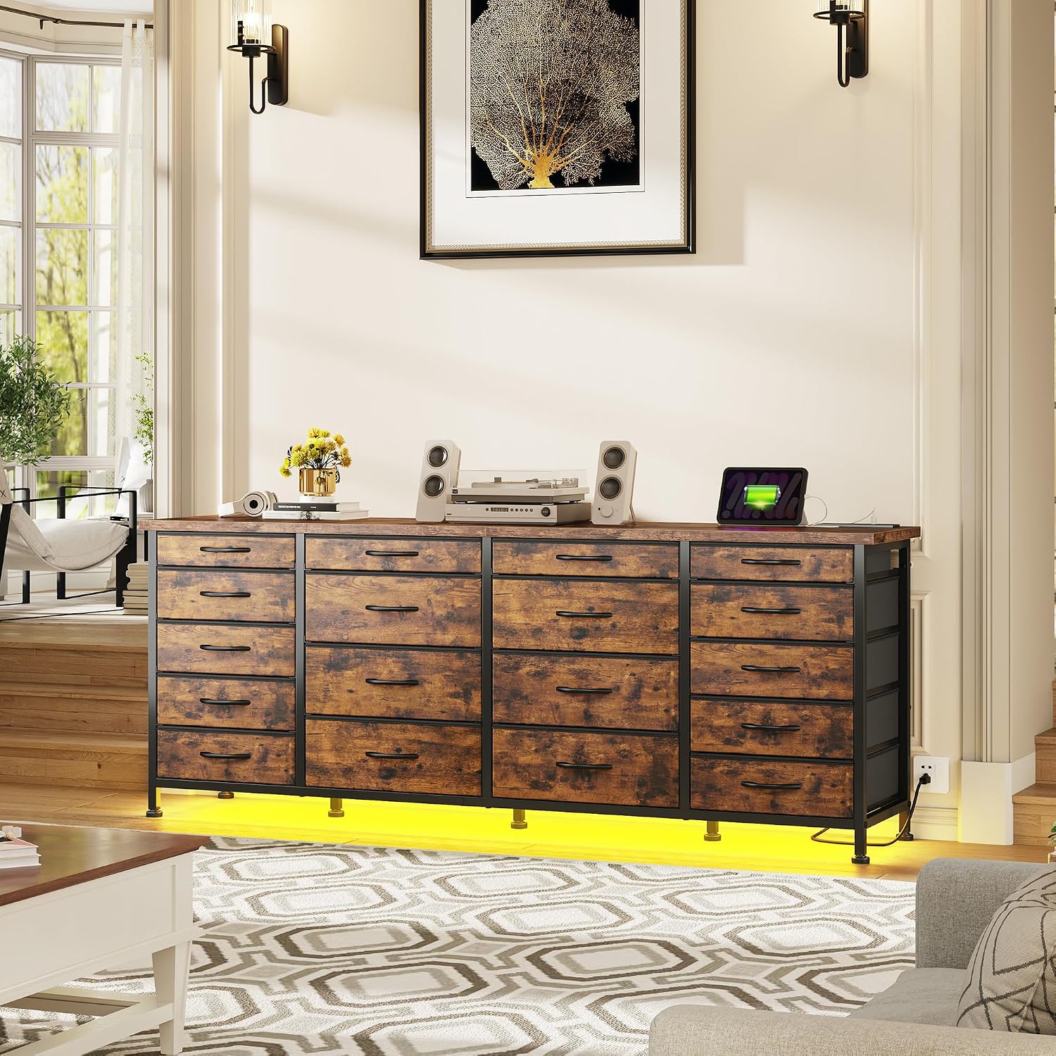 63'W TV Stand for Bedroom with LED Light & Power Outlets, Long Dresser with 18 Deep Drawers for 65 70 75 inch TV, Fabric Dresser TV Stands for Living Room Entryway Hallway Closet, Rustic Brown