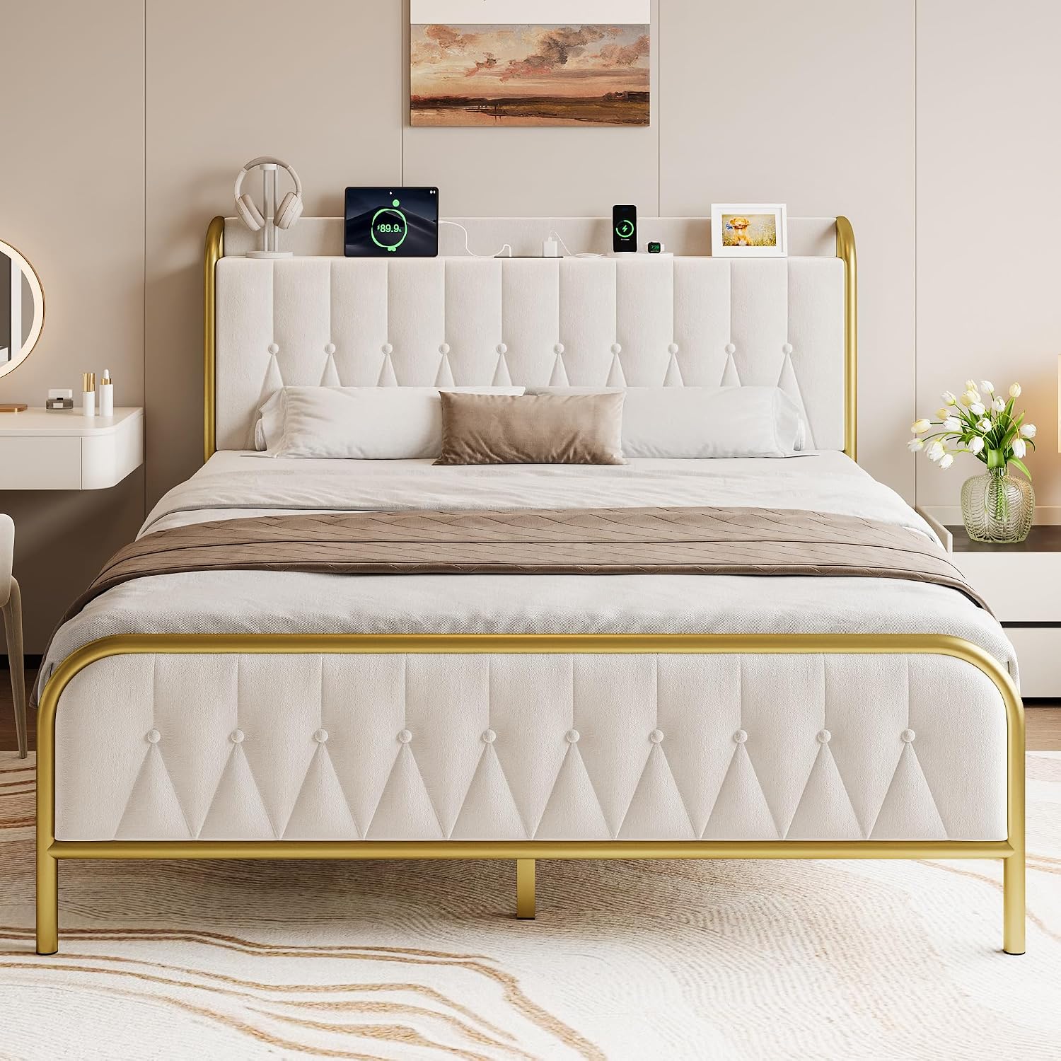 Einhomn Velvet Queen Bed Frame with Charging Station, Platform Bed with Upholstered Storage Headboard & Footboard, 12' Underbed Space, Noise-Free, Easy Assembly, No Box Spring Needed, Beige