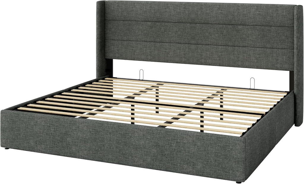 SHA CERLIN King Size Lift Up Storage Bed/Modern Wingback Headboard/Upholstered Platform Bed Frame/Hydraulic Storage/No Box Spring Needed/Wood Slats Support/Dark Grey