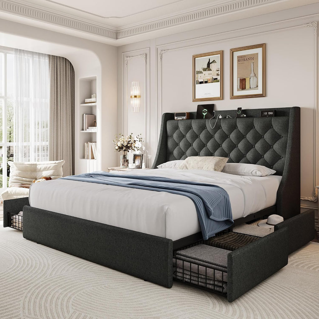 Full Size Bed Frame with 4 Storage Drawers & Charging Station, Linen Button Tufted Wingback Headboard Upholstered Platform Bed, Sturdy Wooden Support Slats, No Box Spring Needed, Dark Grey
