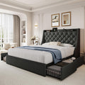 Full Size Bed Frame with 4 Storage Drawers & Charging Station, Linen Button Tufted Wingback Headboard Upholstered Platform Bed, Sturdy Wooden Support Slats, No Box Spring Needed, Dark Grey