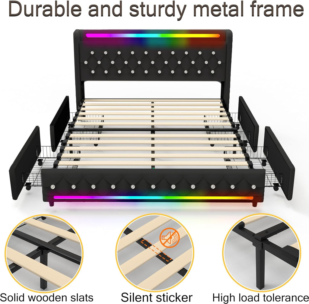 Juego 5-in-1 Full Size Bed Frame with Bluetooth Speakers,Velvet Upholstered Platform Bed with Headboard,Charging Station,LED Lighting,4 Drawers Storage,Wooden Slats Support,No Box Spring Needed,Black