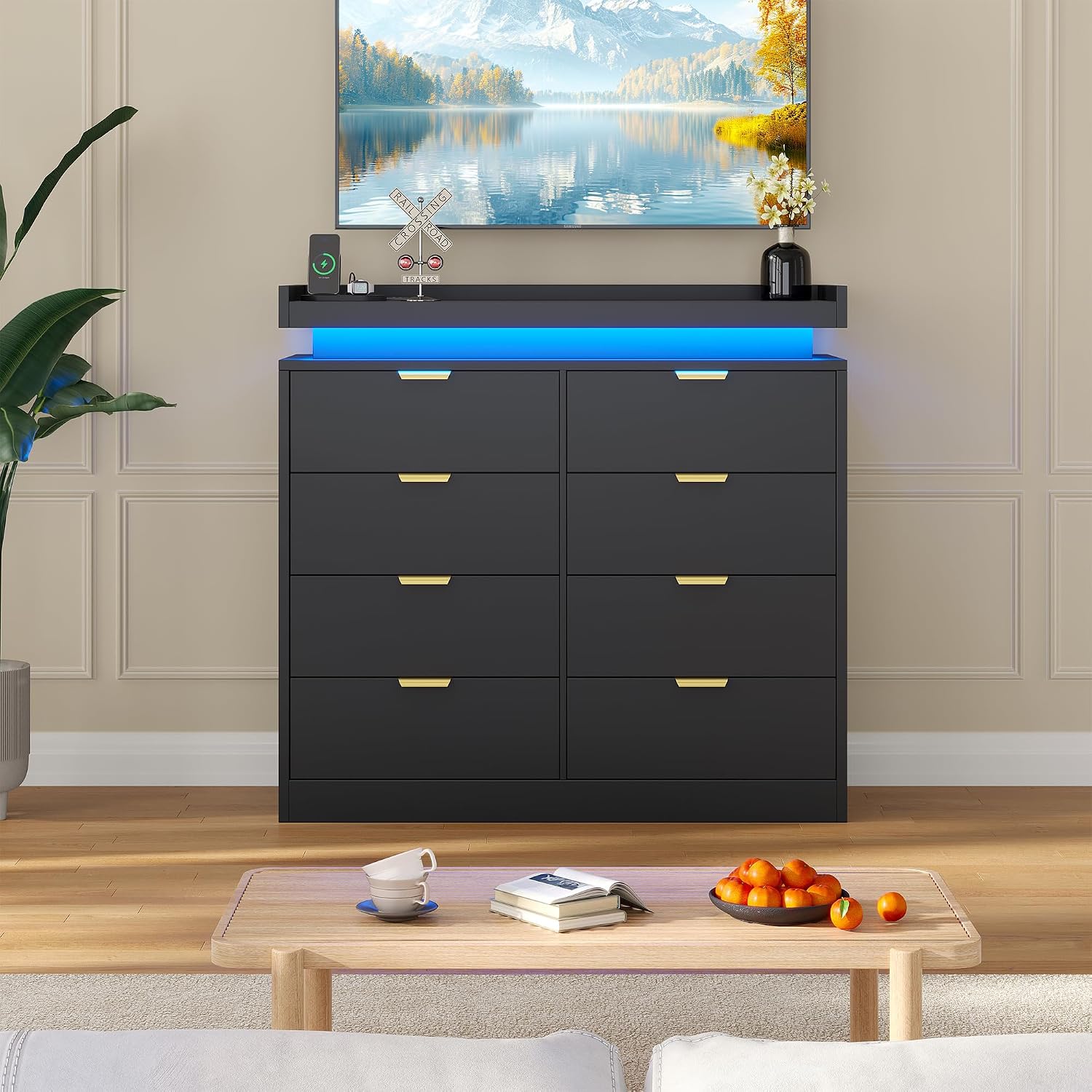 knoworld 8 Drawer Dresser for Bedroom, Black Dresser with LED Lights and Power Outlet, Large Wooden Dressers Modern Chest of Drawers, Double Wide 9 Drawer Dressers for Bedroom, Entryway, Hallway