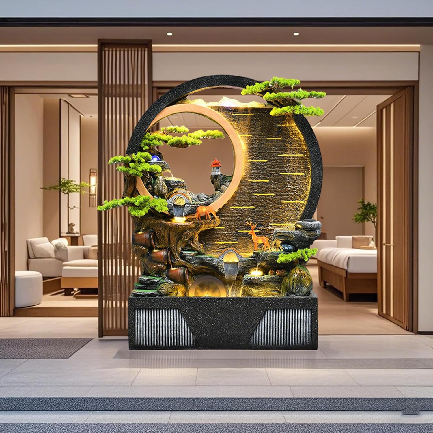 Indoor Outdoor Resin Fountain with LED Light Ring – Round Landscape Waterfall Feature with Pump, Bonsai & Gourd Decor – 6.07ft Tall Large Decorative Water Sculpture(B Small)