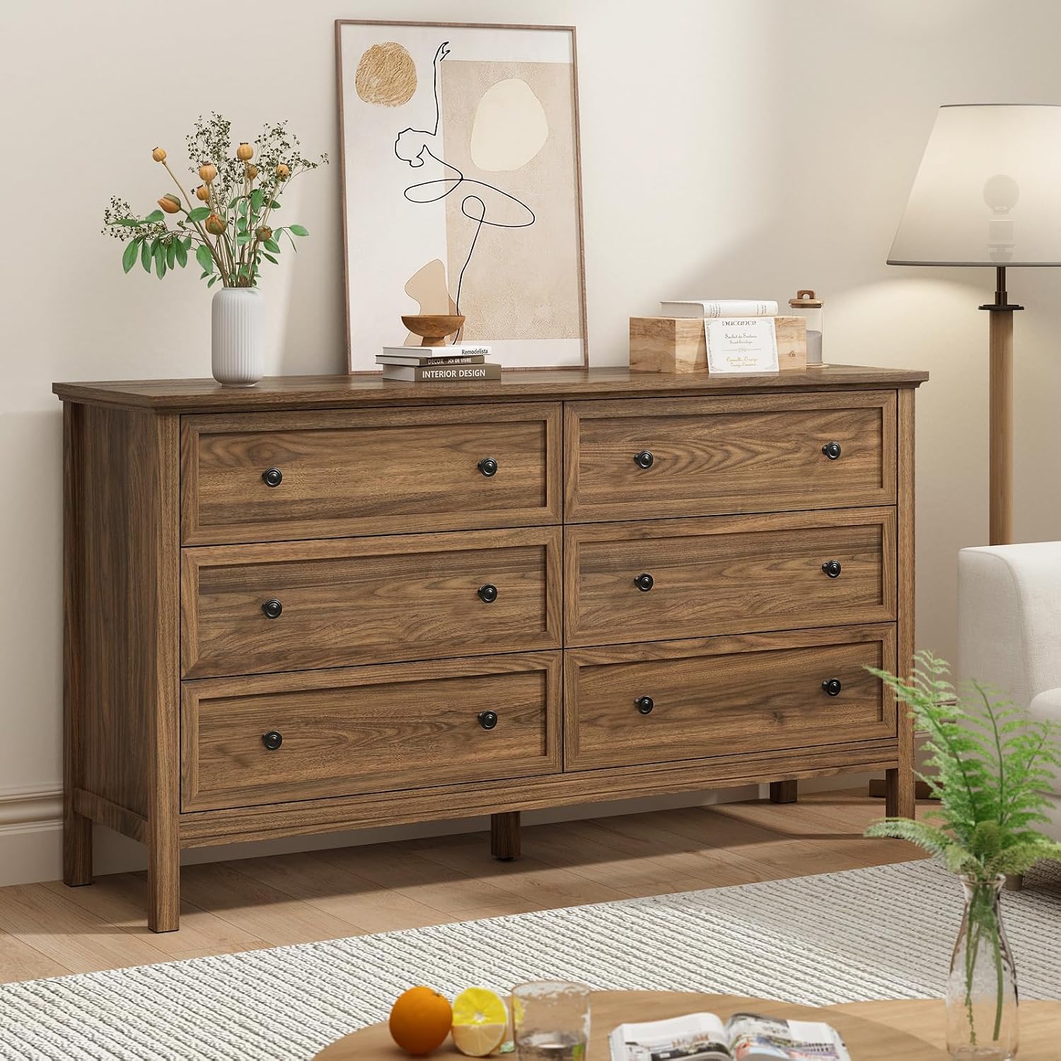 CARPETNAL 55' Walnut Dresser for Bedroom, 6 Drawer Dresser with Wide Drawer and Metal Handles, Wood Dressers & Chests of Drawers for Hallway, Entryway.