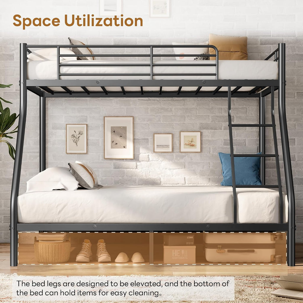 SogeSleep Bunk Beds Twin Over Full Size, More Sturdy Heavy Duty Metal Bunk Bed with Angled Ladder for Teens and Adults, Used for Spaces-Saving, Apartment or Dorm, Noise Free & Easy Assembly, Black