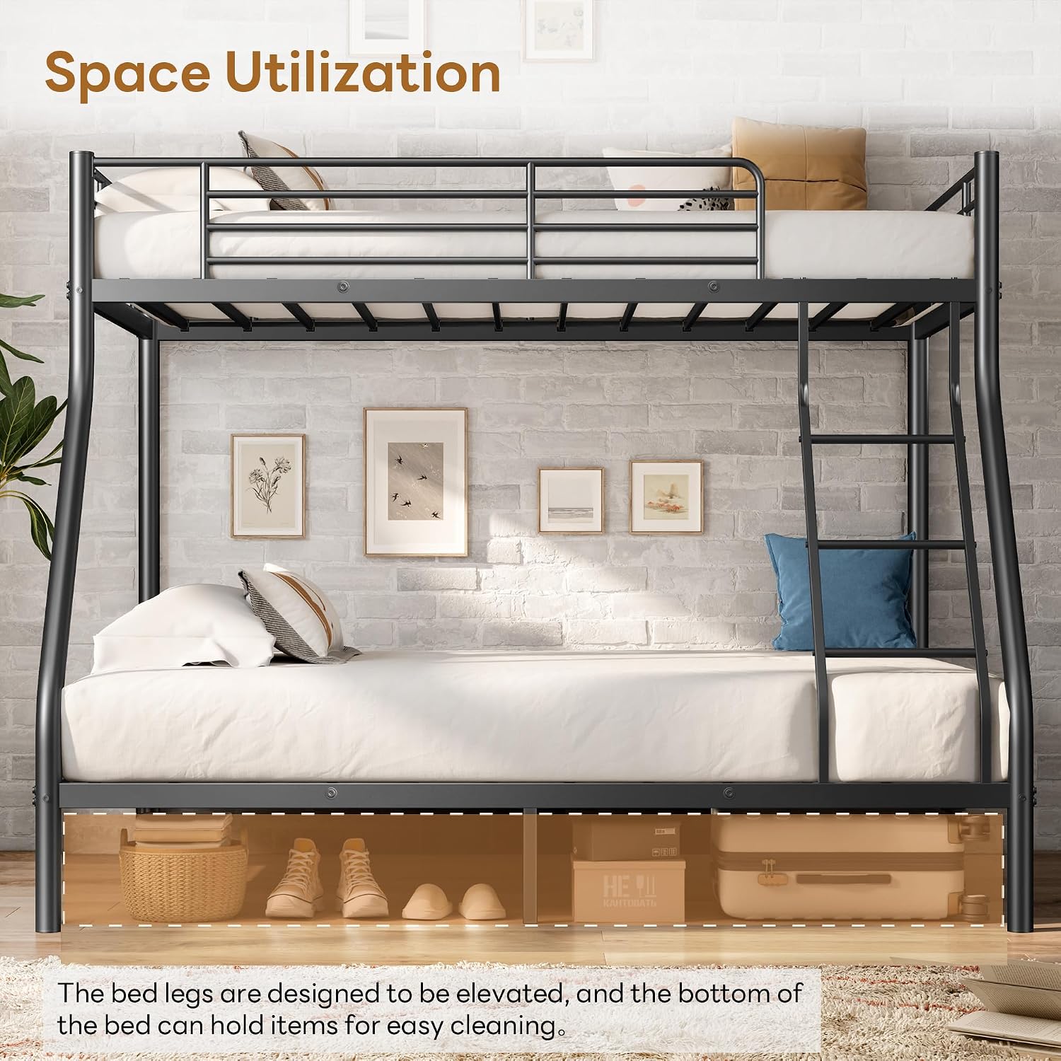 SogeSleep Bunk Beds Twin Over Full Size, More Sturdy Heavy Duty Metal Bunk Bed with Angled Ladder for Teens and Adults, Used for Spaces-Saving, Apartment or Dorm, Noise Free & Easy Assembly, Black