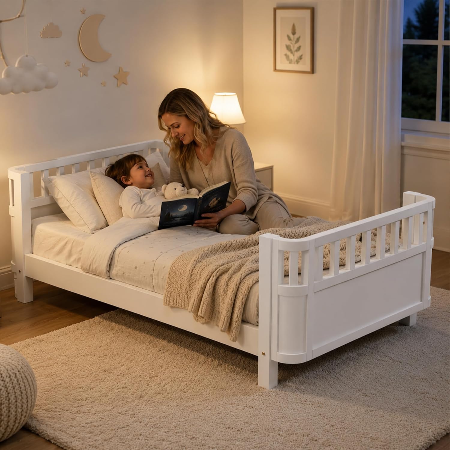 Twin Size Kids Bed Frame, Low Profile Montessori Twin Bed with Rails, Wood Daybed for Girls & Boys, No Spring Box Required, No Squeaks, White