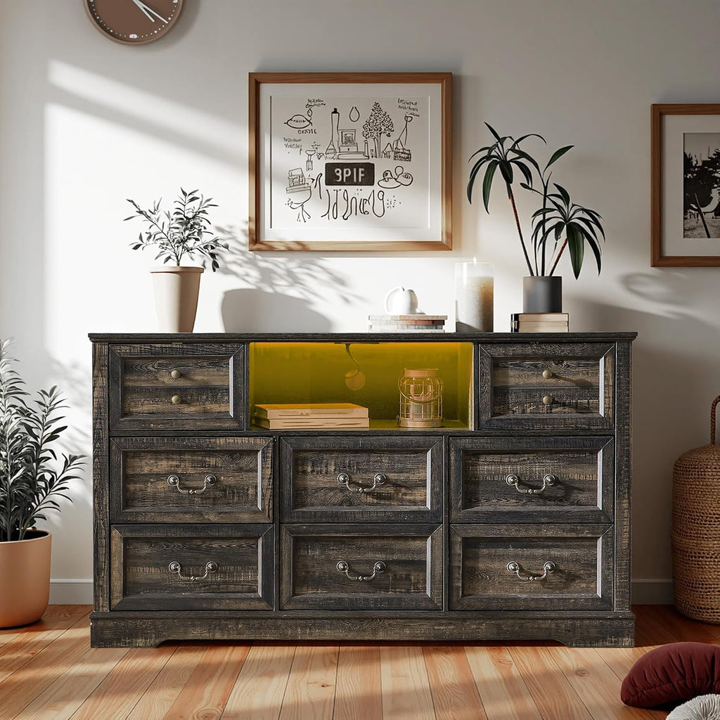 Homkdom Dresser for Bedroom with Charging Station & Led Lights,55.02' TV Stand with 8 Drawers,Dressers & Chests of Drawers with Open Shelves,Hallway,55.02' W x 34.53' H x 15.77' D Rustic Oak