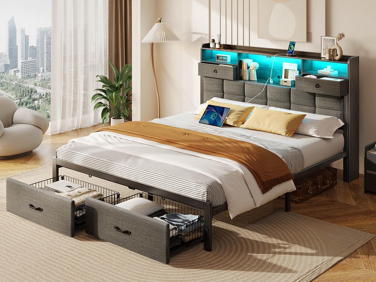 Rolanstar Bed Frame Queen Size with Drawers and Charging Station, Upholstered Platform Bed with Storage Headboard and LED Light, Heavy Duty Metal Frame Support, No Box Spring Needed, Noise Free, Grey