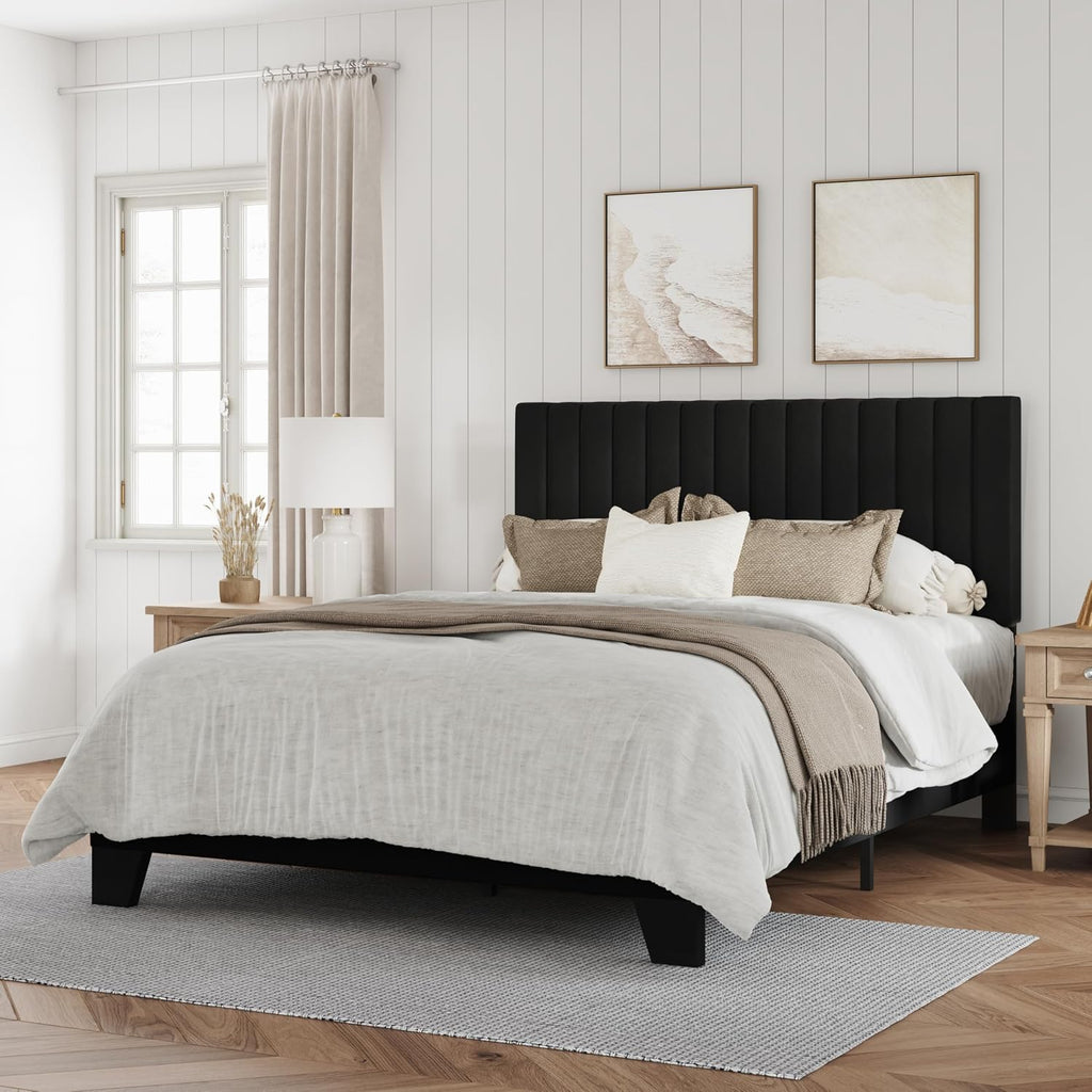 IOILORI Full Size Bed Frame, Velvet Upholstered Platform Bed with Adjustable Tufted Headboard, Sturdy Frame and Slats, Noiseless, No Box Spring Required, Easy to Assemble, Black