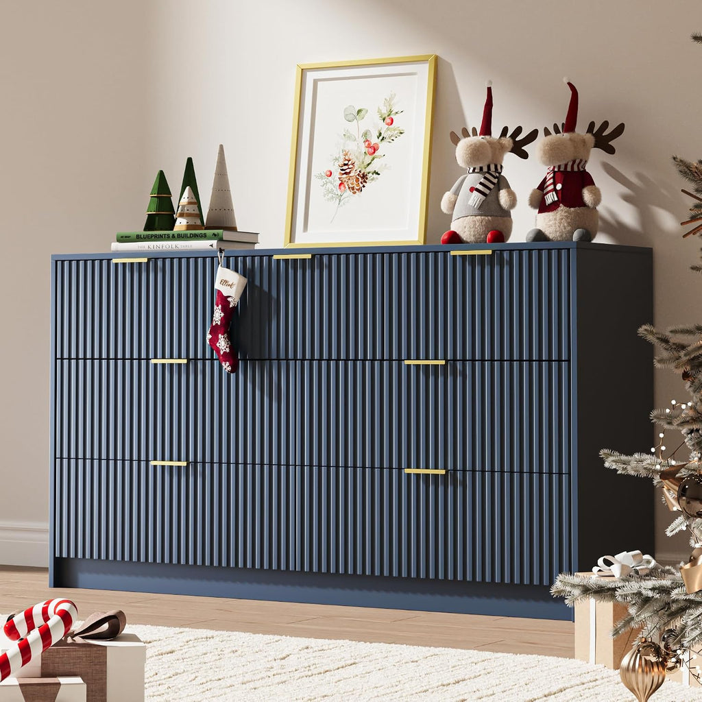 MAISONARIA Navy 7 Drawer Dresser for Bedroom, 55.9' Wide Modern Fluted Dresser with Gold Metal Handles, Large Chest of Drawers for Bedroom, Living Room, Entryway, Hallway