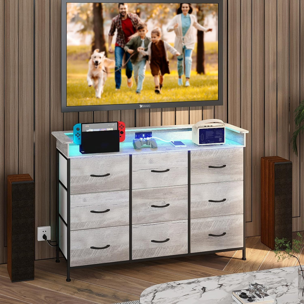 EXOTICA Dresser with Charge Station 9 Drawers Dresser for Bedroom with LED Lights Tall Wide Fabric Dressers & Chests of Drawers for Closet Hallway Entryway Sturdy Steel Frame Wood Top
