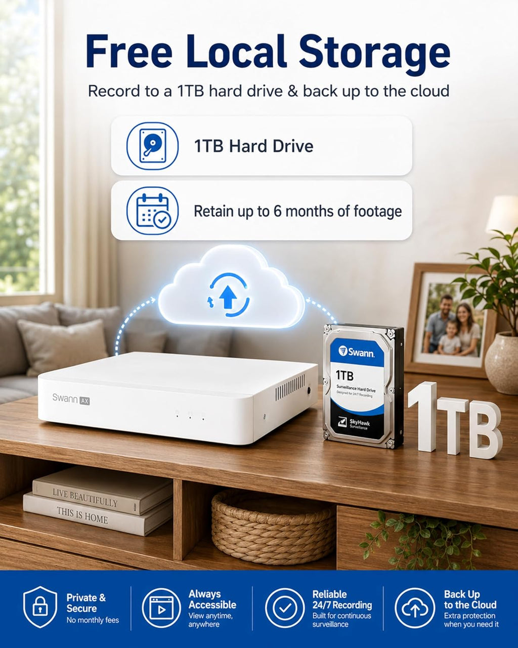 Swann AdvancedX™ Wired 5MP NVR Security System, 8 Channel, 4 Dome 3K Cameras, 1TB Storage, White, 24/7 Recording