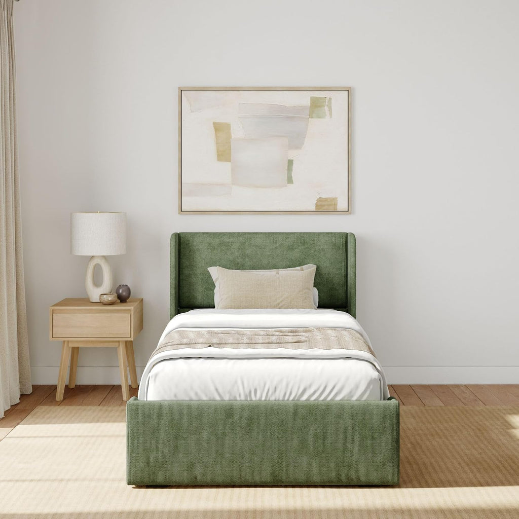Plank+Beam Upholstered Twin Bed Frame with Rectangular Headboard and Two Storage Drawers, Upholstered Platform Bed, No Box Spring Needed, Easy Assembly, Green