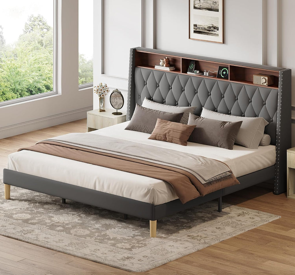 WLIVE King Size Upholstered Bed Frame with 48'' Tall Wingback Headboard, Velvet Square Tufted Platform Beds with Charging Station, Sturdy Metal & Wooden Slats Support, Grey