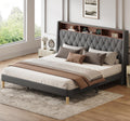 WLIVE King Size Upholstered Bed Frame with 48'' Tall Wingback Headboard, Velvet Square Tufted Platform Beds with Charging Station, Sturdy Metal & Wooden Slats Support, Grey