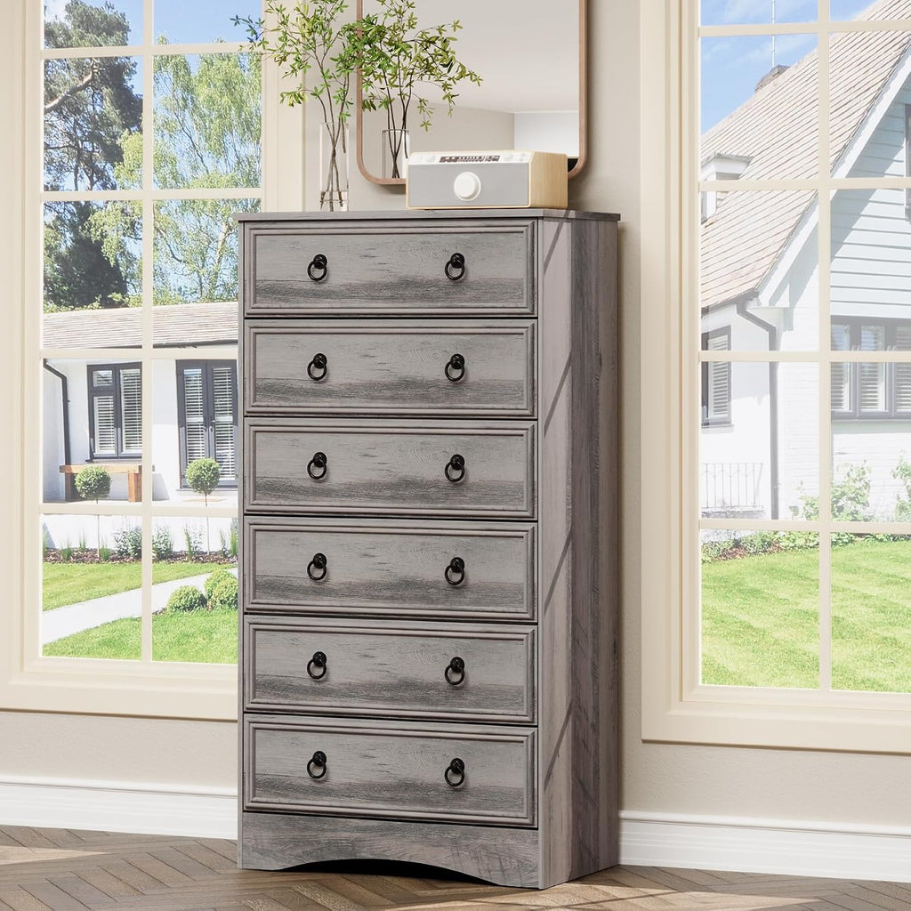 VVFLU 6 Drawer Dresser Tall, 52' Tall Grey Dresser for Bedroom, Chest of Drawers, Large Storage Organizer for Clothes, Grey Vintage, for Living Room, Bedroom, Hallway