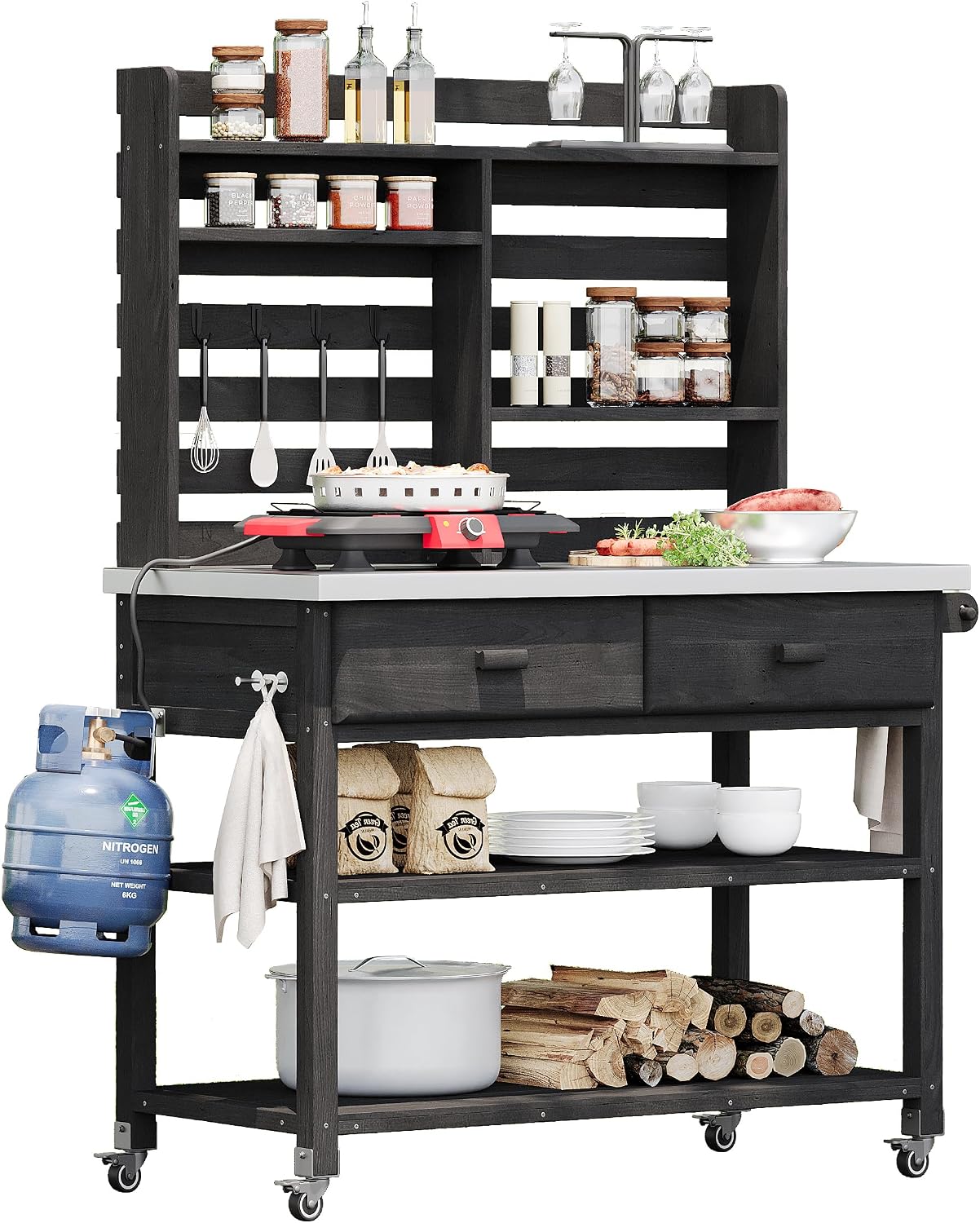 Outdoor Potting Bench Table with Stainless Steel Top and Lockable Wheels, Patio Workstation with Drawers, Upper Hutch and Towel Rack for Lawn, Garden (Black, 64.9' H)