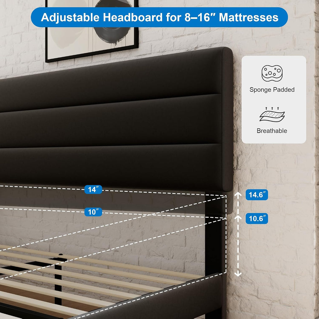 GOLDORO Full Size Platform Bed Frame with Upholstered Headboard, Wooden Slats Support, No Box Spring Needed, Easy Assembly, Black