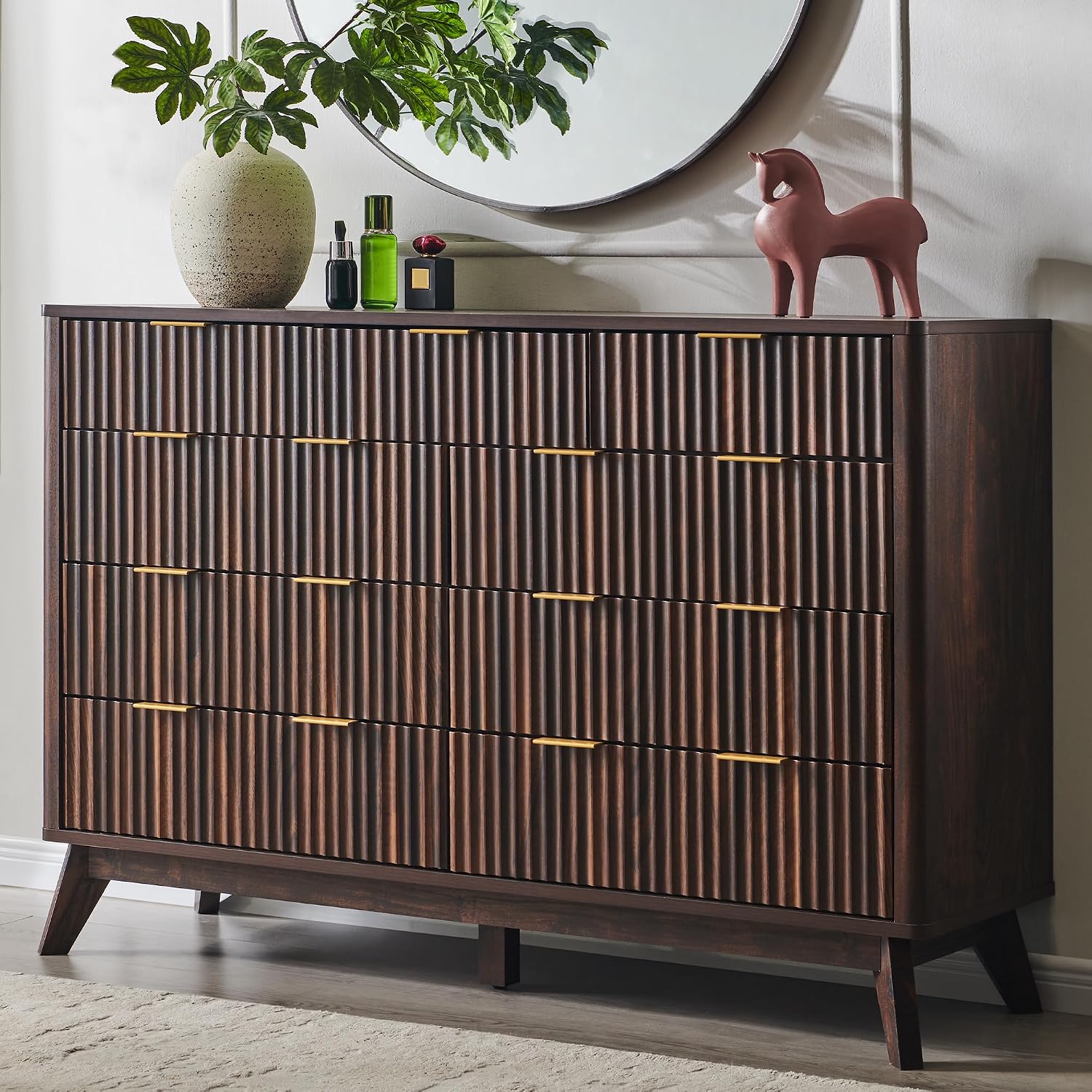 T4TREAM Fluted 9 Drawers Dresser, 54' Wide Modern Chest of Drawers, Curved Profile Design, Dresser TV Stand, Wood Drawer Organizer for Bedroom, Living Room, Hallway, Dark Walnut