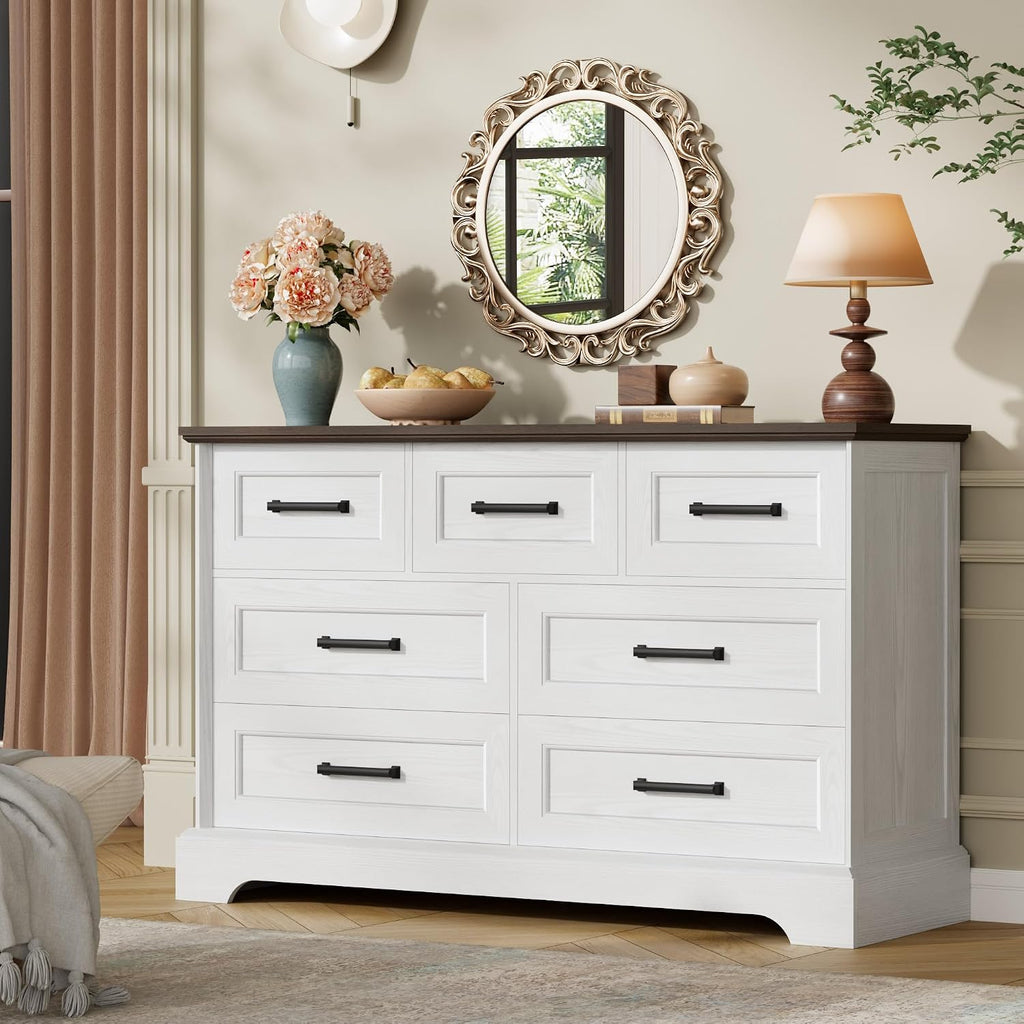 Furmax Farmhouse Dresser for Bedroom, 7 Drawers Dresser, Wood Chest of Drawers, 47.5' Wide Storage Dressers Organizer for Bedroom, Living Room, White and Brown