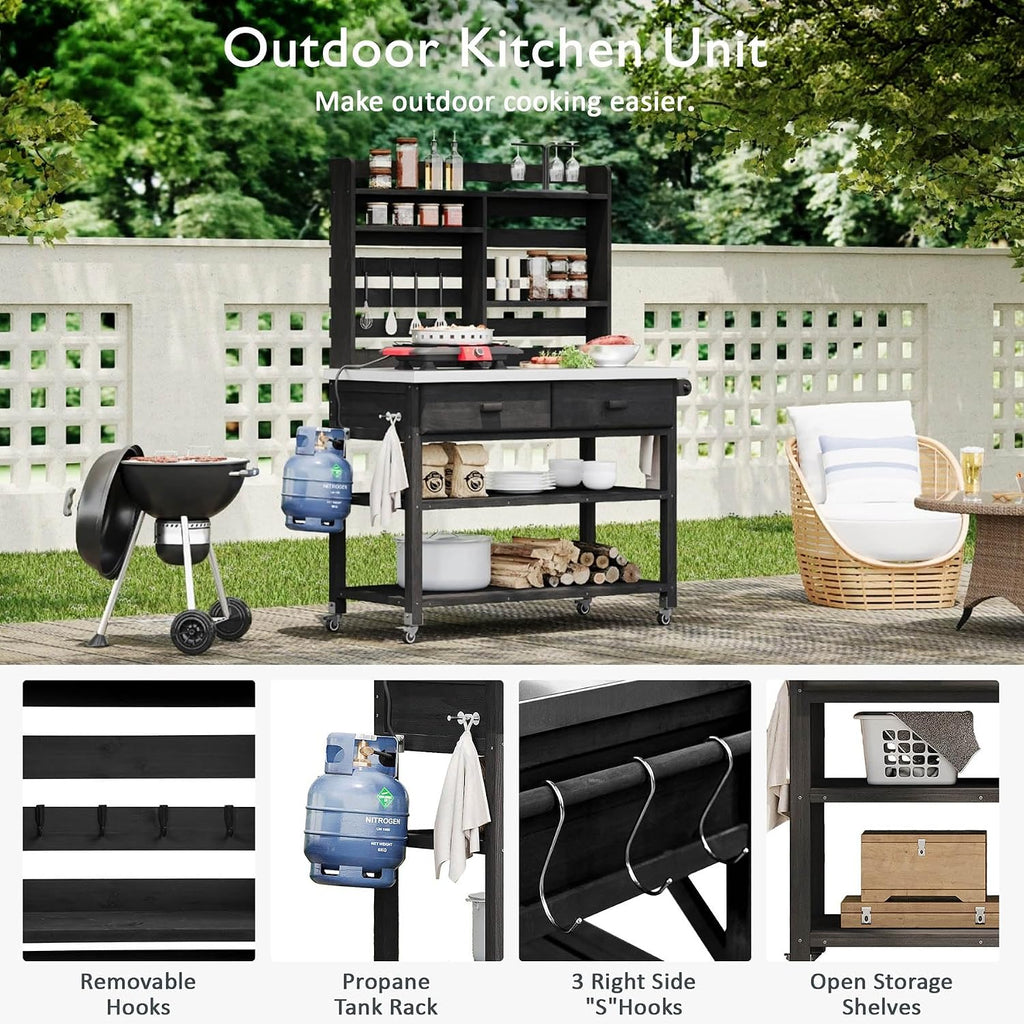 65' Solid Wood Potting Bench Table with Stainless Steel Top, Outdoor Kitchen Island & BBQ Prep Station, Rolling Garden Workstation with Lockable Wheels, Storage Hutch, and Hooks for Patio, (Black)