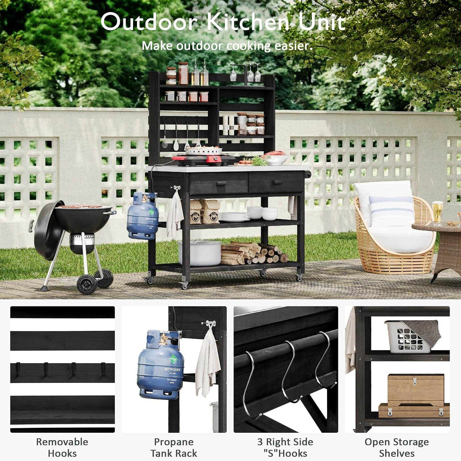 65' Solid Wood Potting Bench Table with Stainless Steel Top, Outdoor Kitchen Island & BBQ Prep Station, Rolling Garden Workstation with Lockable Wheels, Storage Hutch, and Hooks for Patio, (Black)