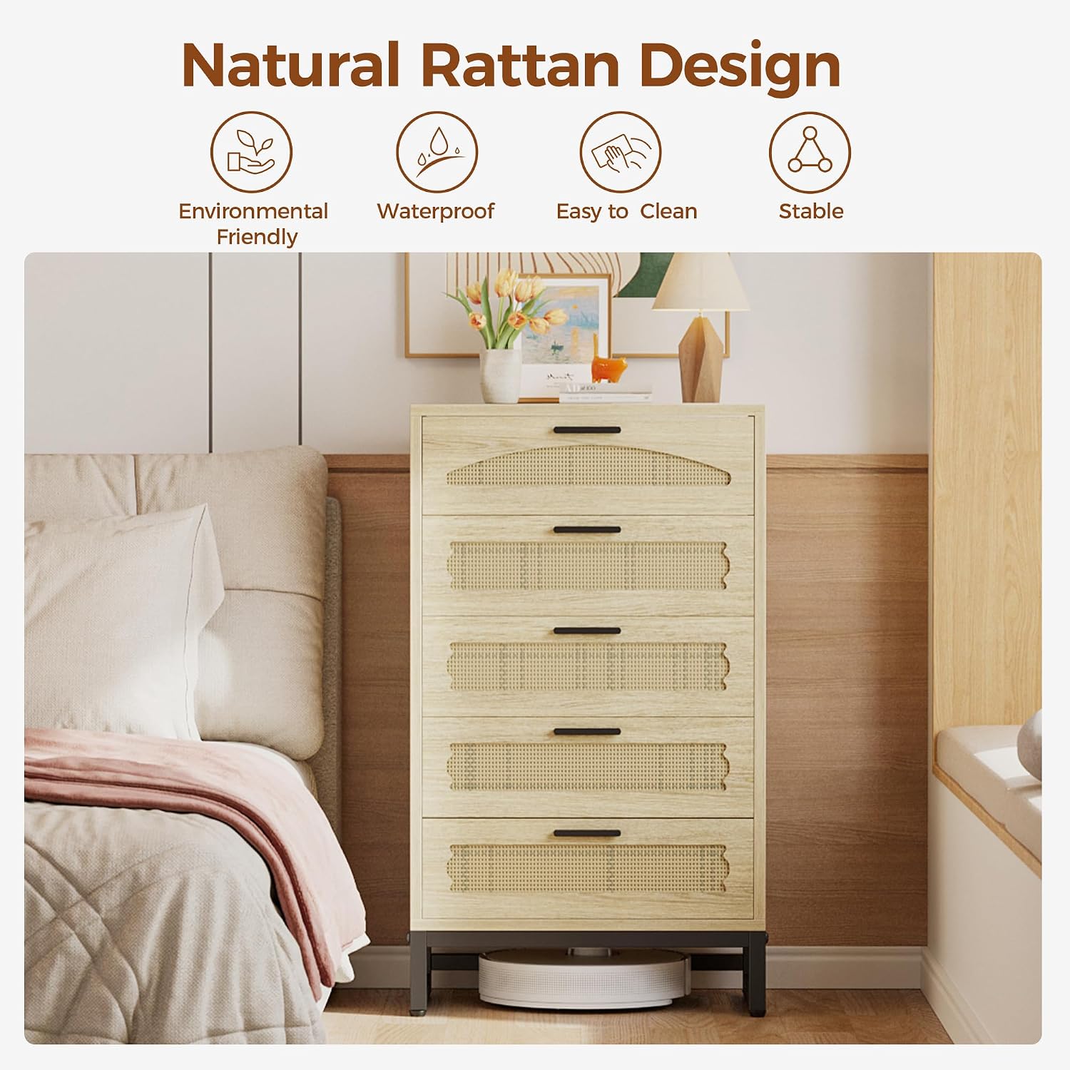Mericonia 5 Drawer Rattan Dresser for Bedroom, Wood Tall Dresser for Closet with Metal Handles, Boho Nightstand Sets, Dressers & Chests of Drawers for Bedroom, Hallway and Entryway, Oak