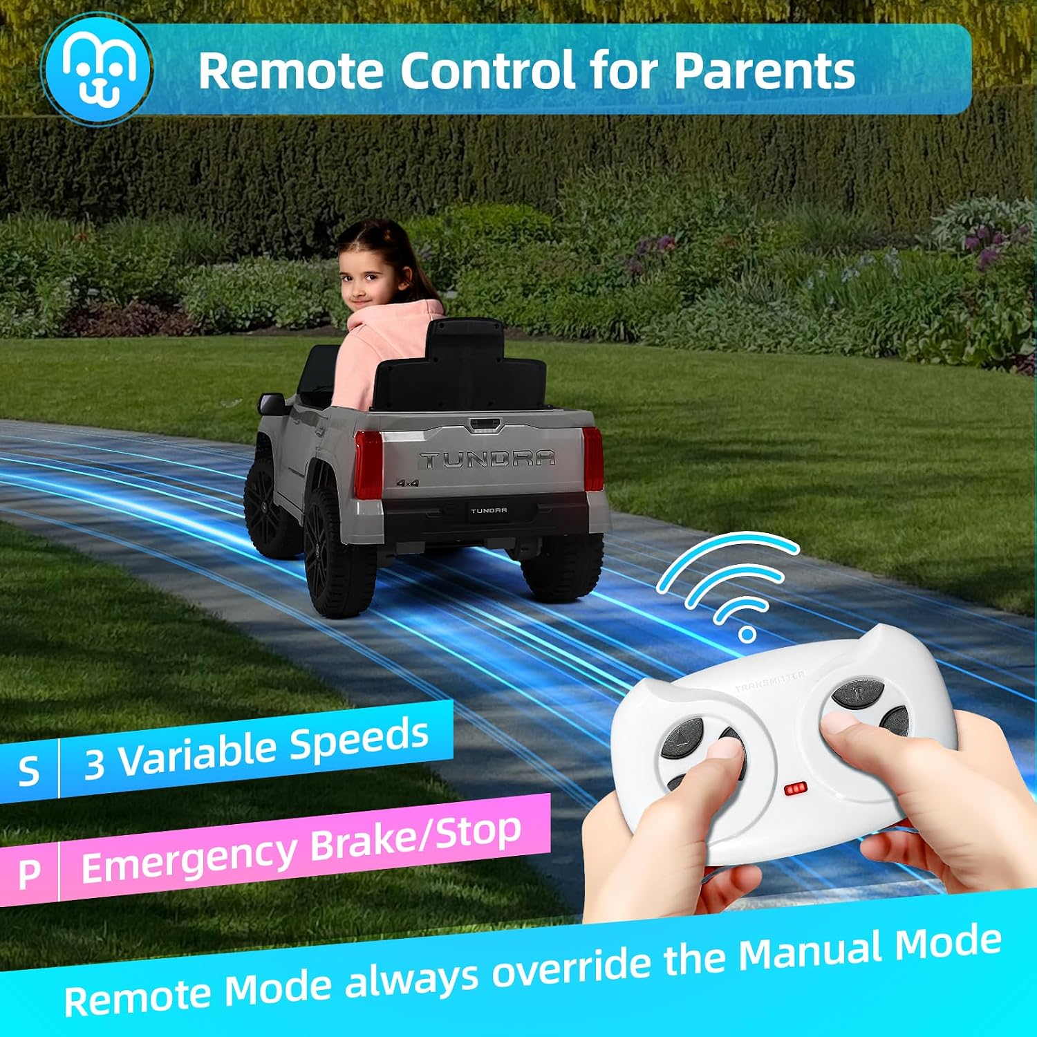 MINIATURE MOTORS Licensed Toyota Tundra Kids Ride on Truck Car Remote Control 12V 7Ah Battery Electric Car for Toddlers Trunk Bluetooth Music Player 4 Wheel Full Suspension Gift for Boys Girls-Grey